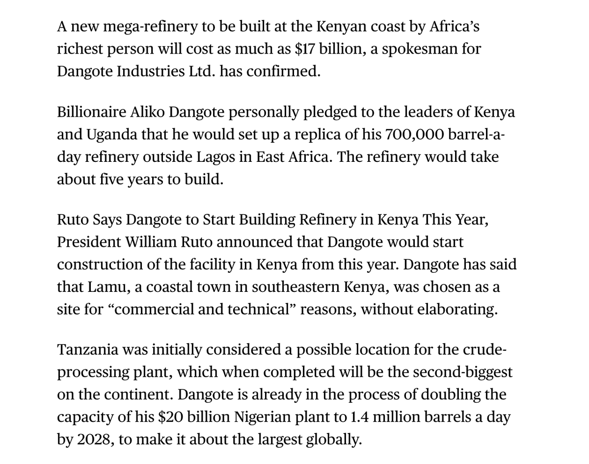 MwangoCapital's tweet photo. Aliko Dangote has selected Kenya over Tanzania for a proposed 700,000-barrel-per-day oil refinery in Lamu, which would become East Africa’s largest and exceed the capacity of his 650,000-barrel-per-day Lagos facility.

Construction is expected to begin this year, with Dangote Industries estimating the project could cost up to US$17B and take about five years to complete.

Link: https://t.co/k00yI01HT6