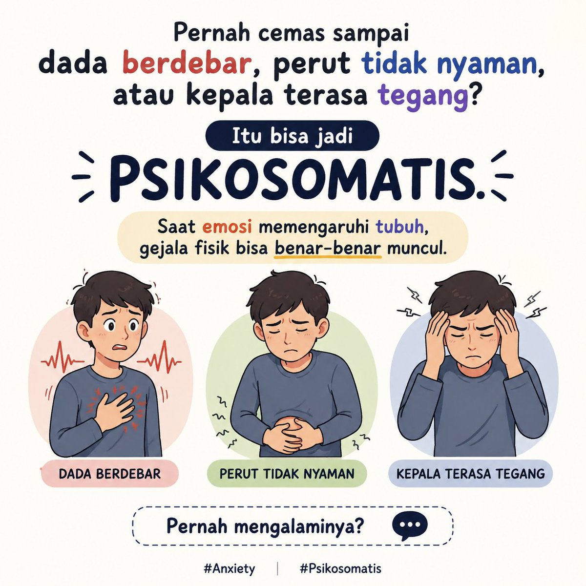 bangYeff's tweet photo. Cemas yang terus-menerus bisa membuat tubuh ikut bereaksi.
Dada berdebar, perut tidak nyaman, kepala terasa tegang.
semuanya bisa muncul tanpa penyakit fisik yang serius.
#Anxiety #Stres #Cemas https://t.co/HrekanY0Kl