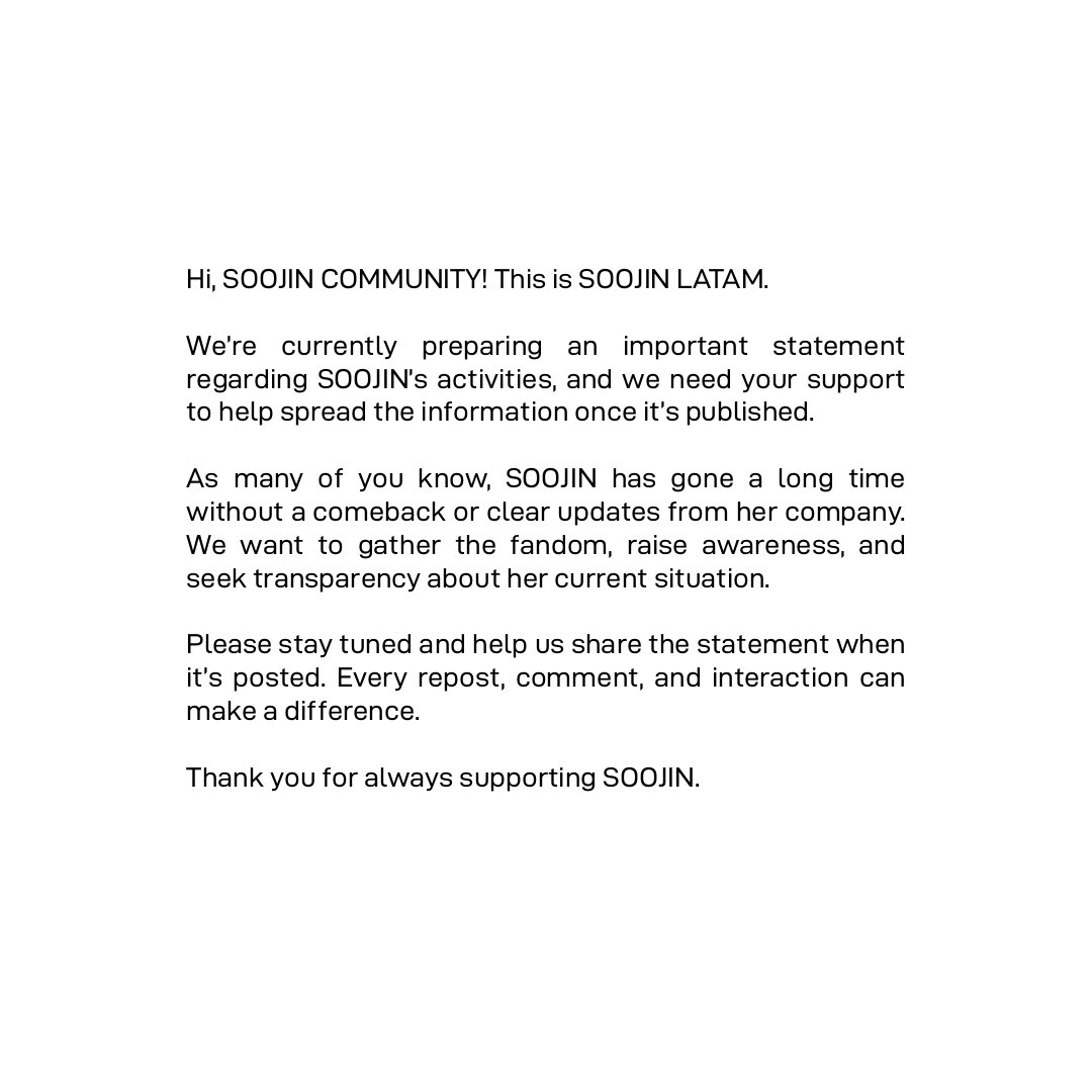 soojinlatam's tweet photo. The wait has been far too long.

We are preparing an important statement regarding SOOJIN’s current situation and we ask for the support of every fan. Once it’s published, please help us share it across all platforms.

#SOOJIN #수진 https://t.co/bMcN7zssud
