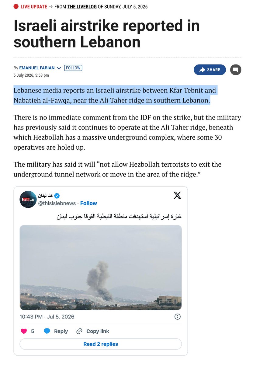 sm_fund's tweet photo. 1️⃣A flash from Iran's Tasnim News Agency reporting Israeli airstrikes on Beit Yahun and Blahit in southern #Lebanon is a physical event, but its settlement value in the 2026 strike-count market depends entirely on a locked 2025 map and a specific reporting threshold [2]. We bought YES at 28 cents. The market was waiting for an IDF admission. The contract's resolution clause doesn't require one. 

2️⃣The hidden bottleneck is a geographic lookup, not a geopolitics debate. The rules explicitly exclude strikes within the West Bank, Gaza, and any territory controlled by #Israel as of December 31, 2025, 11:59 PM ET [1]. Because that end-of-2025 control boundary is already frozen, every new strike is resolved against a static map. Frontline shifts or buffer zone chatter are irrelevant. The trade is: does this ordnance land inside or outside the locked exclusion zone?

3️⃣That mechanical filter is what the 28-cent price was missing. Headline traders tend to freeze when a strike is reported solely by adversarial state media, assuming the contract stalls until a military spokesperson confirms the target. But the resolution rules accept either official Israeli acknowledgment or a "consensus of credible reporting" [1]. Tasnim's flash is the catalyst; the secondary verification that follows — Lebanese civil defense, UNIFIL statements, geolocated crater imagery, major wire services — is what actually clears the source bar. 

4️⃣At 28%, the market was essentially trading the absence of an Israeli press release. The trade is that open-source geolocation and regional reporting reach the consensus threshold faster than a Tel Aviv confirmation cycle, and that the two southern Lebanese towns sit outside Israel's end-of-2025 control perimeter. Both are testable, not vibes. 

5️⃣The strongest counter-case: if the targeted area falls inside the locked 2025 control boundary, the strike is excluded under the contract's own clause and adds nothing to the tally. A second path to the read being wrong is if credible reporting never consolidates around the event and it remains an isolated Tasnim claim, leaving the country count frozen at four.

6️⃣The concrete falsifier: post-strike geolocation showing ordnance impact within the territory Israel controlled on December 31, 2025, which voids the event under the exclusion clause . A secondary repricing risk is if the reporting universe stays narrow enough that no consensus forms before resolution — in that scenario, the 28-cent YES rerates toward the prior baseline and the read has to be exited rather than added to. Until either of those clears, the path toward five countries is narrower than the strike count alone suggests, and the trade is still open.