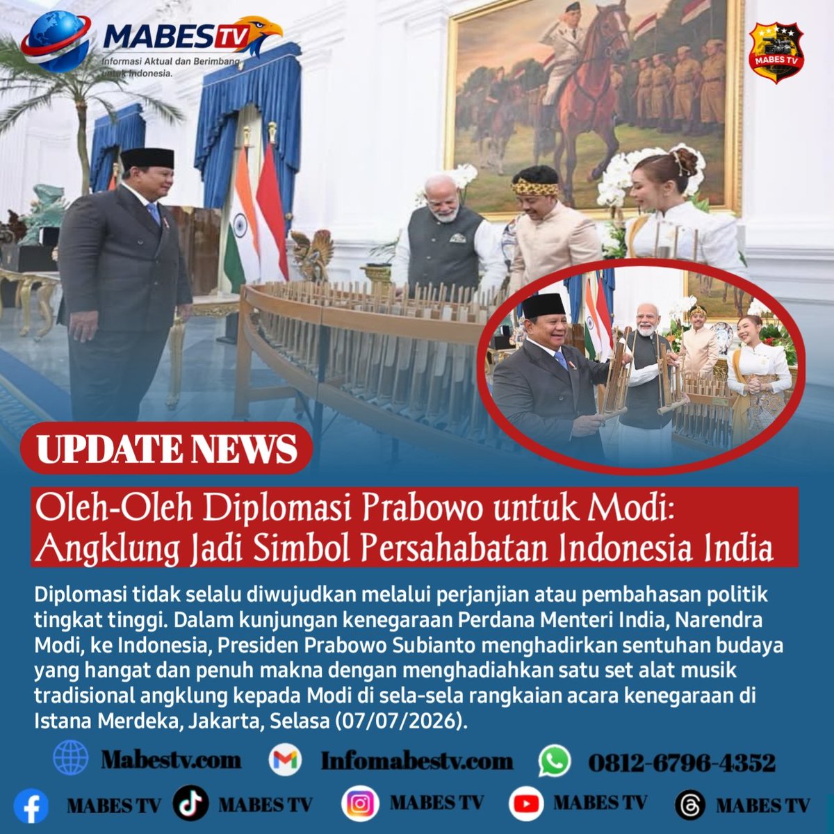 mabestv86's tweet photo. *Oleh-Oleh Diplomasi Prabowo untuk Modi: Angklung Jadi Simbol Persahabatan Indonesia–India* 

Jakarta // https://t.co/AnN1MeKJgo – Diplomasi tidak selalu diwujudkan melalui perjanjian atau pembahasan politik tingkat tinggi. 

_Baca selengkapnya:_ 
 https://t.co/7WhRtmGWKn https://t.co/RTGUX5JvqL