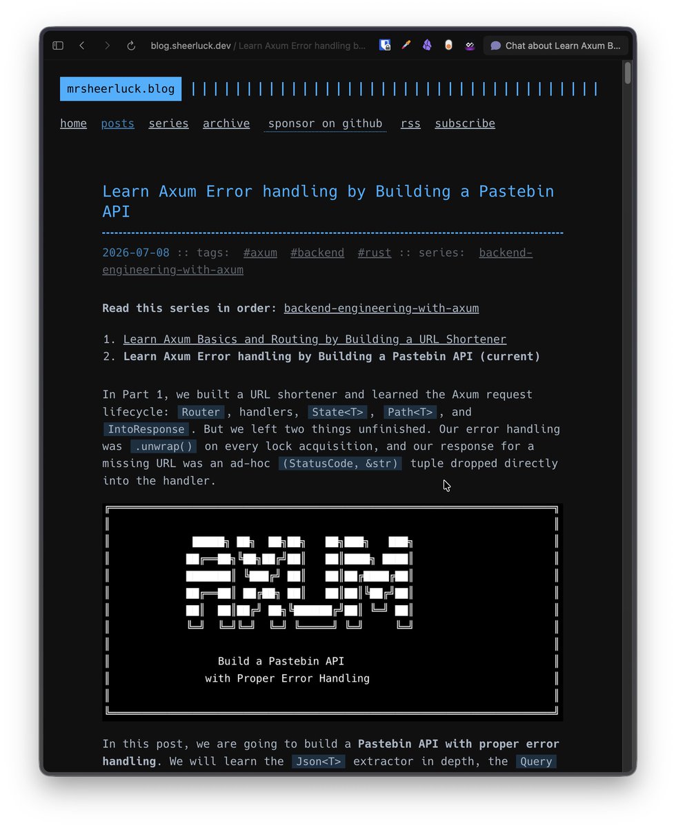 sheerluck_io's tweet photo. Published another article on learning Rust series.

In this article, you'll learn Error handling in Axum by building a Pastebin API in Rust https://t.co/jAEGPEMxnY
