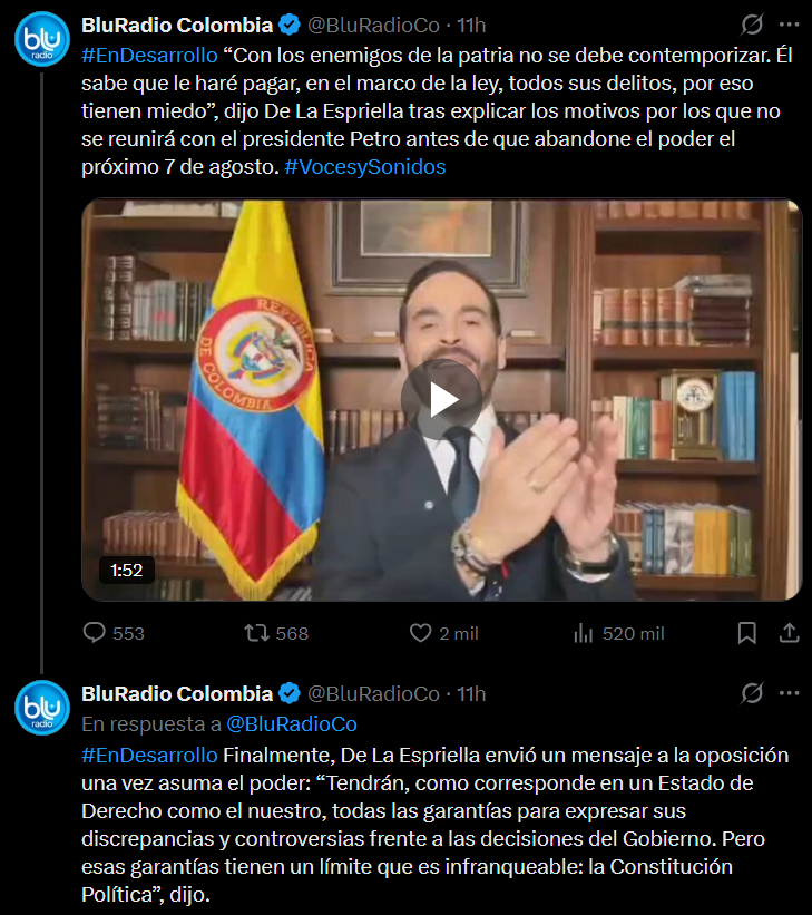 AleKolomonosov's tweet photo. No creo en la posibilidad de que estemos frente a un golpe de Estado, ni tampoco ante un ejercicio de "resistencia constitucional".

—En la correlación de fuerzas, el bloque de izquierdas no tiene la capacidad de generar un escenario de desconocimiento real de Abelardo De La Espriella como presidente (que es la tesis del llamado "6 de enero colombiano" que algunos analistas han esbozado y con la que no me encuentro de acuerdo). 

Esto, porque no se cumplen dos condiciones:

1. El progresismo está fracturado en su interior en dos grandes bloques ahora mismo sobre qué dirección como oposición de izquierdas debe tomar. Un bloque reconoce la tesis del fraude y el potencial llamado a una movilización activa y permanente. El otro bloque no reconoce totalmente que haya existido fraude, y apela a la postura de reorganizar la oposición de izquierdas desde cierta veeduría, vigilancia y control a lo que haga De La Espriella como presidente, sabiendo que las movilizaciones surgirán en los momentos críticos del gobierno entrante.

2. La movilización social no se activó de manera fuerte durante los 3 años anteriores (excepto con el hundimiento de la Ref. Laboral). Existe cierto desgaste y no existen las condiciones para que se de un estallido social ahora mismo.

—Ahora, los empalmes se encuentran reglamentados por ley. Sin importar si se realizan o no, el nuevo gobierno igual recibirá los datos y el estado de cosas en los que quedan los ministerios salientes. 

Por lo que hay que entender que las reuniones de empalme son, más que todo, actos de reconocimiento entre diferentes gobiernos, cuyo simbolismo manifiesta que el sistema político funciona durante la fase de transición.

—¿Saben dónde está el problema? se encuentra en la negativa de ambos gobiernos por reconocerse entre sí.

1. Por parte del progresismo, porque el mensaje y las declaraciones del gobierno entrante son de persecución contra Gustavo Petro como jefe de Estado y contra los miembros de su gabinete. Petro, de hecho, reacciona ante las declaraciones de Carlos Lucio de que uno de los objetivos de este nuevo gobierno es presumiblemente enviar a Petro preso a USA.

2. Del lado de las nuevas derechas, porque un proyecto de transformación profundo del Estado que puede generar respuestas sociales en forma de movilización y crisis requiere de un mito que justifique esos recortes. Por ello se profundiza en que este gobierno tiene muchísimas irregularidades y, antes de un empalme, se habla de una auditoría forense con la finalidad de fiscalizar y denunciar las irregularidades que encuentren allí.

—No obstante, ya De La Espriella dio visos de que, igual, no buscará la legitimidad del gobierno saliente, por lo que busca construirla con otros elementos simbólicos con los que seguir sosteniendo el mito fundacional de su proyecto político, como el acto de posesión el próximo 7 de agosto delante de las Fuerzas Militares.

Tampoco el llamado de De La Espriella a los militares para que desobedezcan a Petro tendrá eco, especialmente porque las Fuerzas Armadas y su oficialidad también están divididas a nivel interno (entre un bloque que respalda las políticas de paz de los últimos 10 años y un bloque que quiere volver a operaciones más ofensivas), por lo que tampoco sienten interés por salir de su posición civilista, sabiendo que al gobierno Petro solo le quedan 30 días en el poder.

—Es por ello por lo que, ante el potencial llamado a movilizaciones que puedan hacer Gustavo Petro e Iván Cepeda, hay que observar si la capacidad de convocatoria es lo suficientemente masiva. No obstante, a diferencia de los "balconazos" de 2013 o de las movilizaciones tras el plebiscito por la paz en 2016, la capacidad de convocatoria de este gobierno ha sido baja, y dependerá de si tiene objetivos claros y alcanzables sin poner en riesgo la institucionalidad o romperla. 

Aun así, no es tan probable que, con un progresismo dividido y en reorganización, y aun mareado por la derrota del 21 de junio pasado, el camino de la movilización permanente se sostenga en el tiempo. Más con los costos políticos que puede tener a futuro, junto con los riesgos de un aumento en los perfilamientos y la persecución del bloque gobernante luego del 7 de agosto, que podría tener más argumentos para limitar de manera agresiva a las izquierdas.
