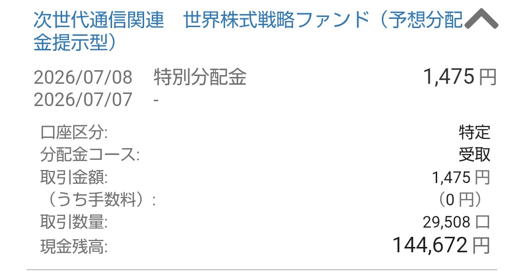 CFD77777's tweet photo. THE 5Gから分配金　500円
普通分配　4,1000円✨️
特別分配　1,475円

松井証券の分は全て特配に😑
覚悟していたけどやはり特配だと悲しいわ
でも平均取得価格が500円下がるので来月は普通分配に期待🤗

含み損出たら松井証券で購入予定 https://t.co/1WIJrsm8yp