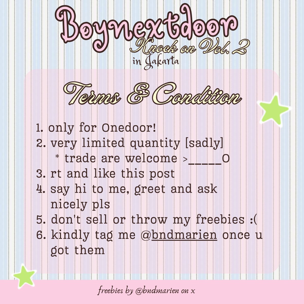 bndmarien's tweet photo. BOYNEXTDOOR Knock On Vol. 2 in Jakarta
༓ 𓂃 freebies by @bndmarien

🗓 saturday, 05 december 2026
📍 ICE BSD Hall 5–6
🕰 TBA 
🪽 rules on pict. rt &amp; likes are appreciated, dankies!

#BOYNEXTDOOR #보이넥스트도어 
#KNOCK_ON_Vol_2_IN_JAKARTA https://t.co/L1POm13oTt