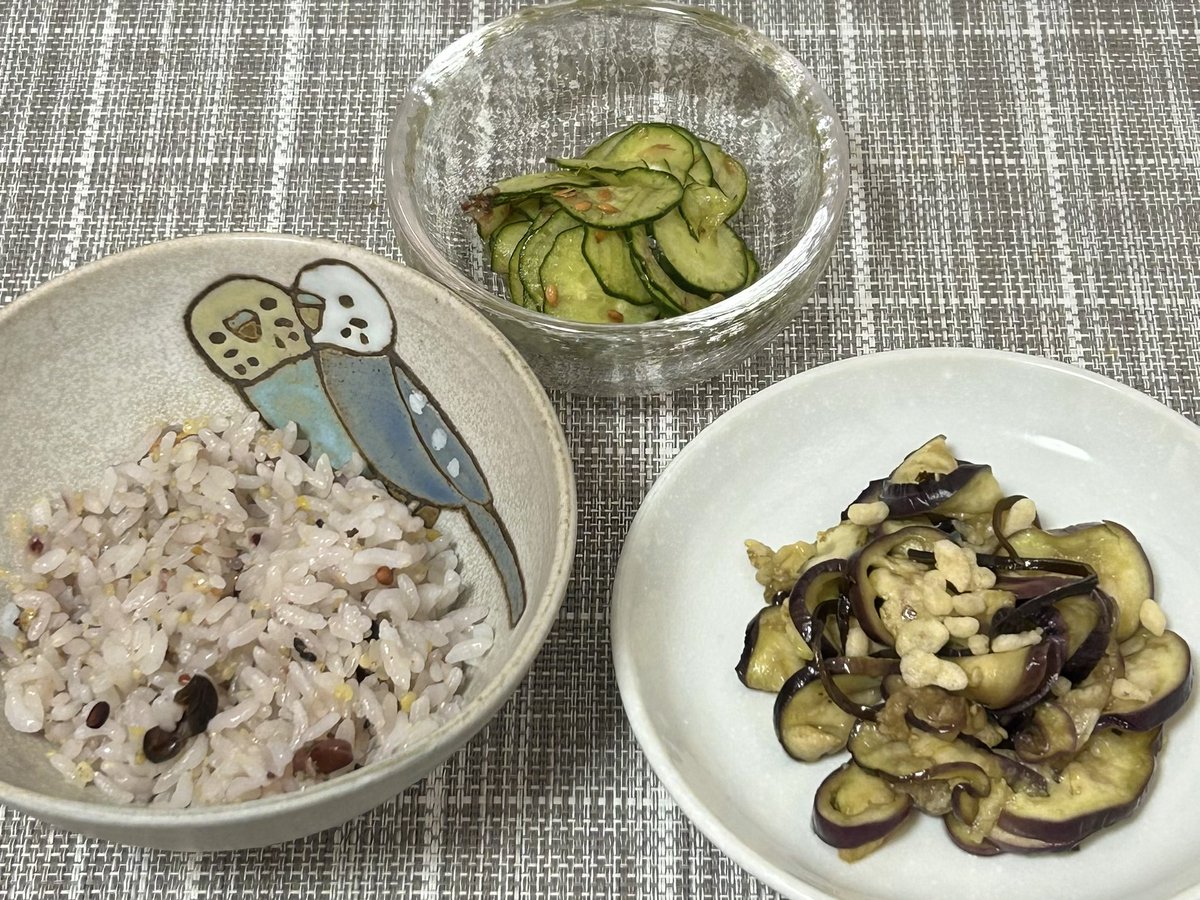 koncha_create's tweet photo. 今日のお昼は夏野菜もりもりメニュー✨
きゅうりの和物はローストアマニを使ってみた！プチプチ感が良くて美味しかった〜✨
ナスもごま油の香りが良くて、お腹いっぱい食べちゃいました。午後から眠くなりそう…( ˘ω˘ ) ｽﾔｧ… https://t.co/hGJ4L29htJ