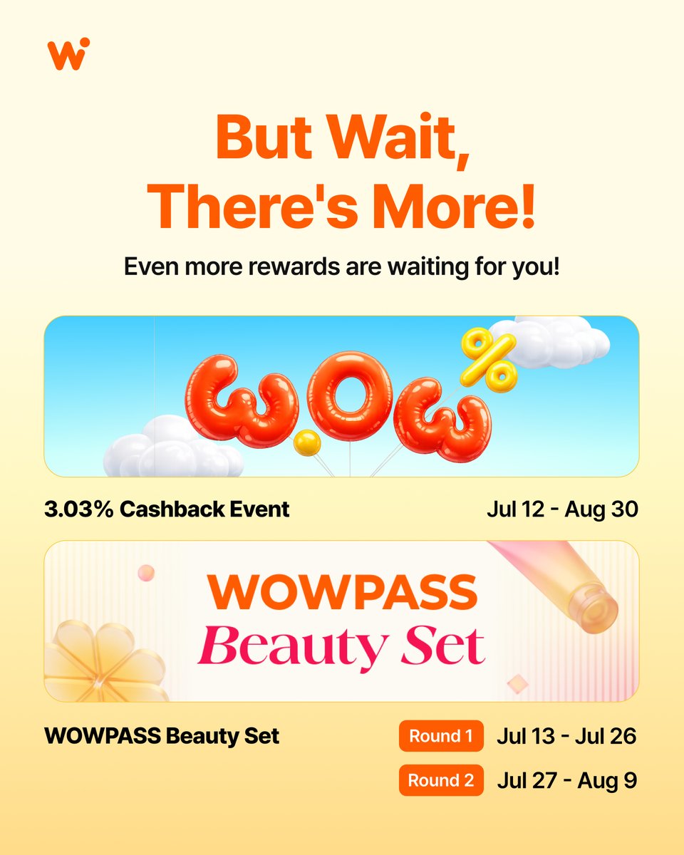 wowpass_global's tweet photo. 📢 How to Enter
① Follow @wowpass_global
② Quote this post with a congratulatory message
③ Complete the entry form here: https://t.co/IQOmElIy8P

💝 Plus, don't miss our 3.03% Cashback Event and the WOWPASS Beauty Set Event!

Don't miss these exclusive promotions, and celebrate WOWPASS's 4th anniversary with us! 🥳

Important‼
• Only users with a registered WOWPASS card are eligible to receive prizes.
• Hotel prize winners can book and pay for a 3-night stay through WOWPASS Hotels and receive the full booking amount back as cashback. Valid for reservations with check-in by December 31, 2026.
• Winners will be notified individually on July 23 via the email address provided in the entry form.

#WOWPASS #koreatravel #visitkorea #koreatrip #4thAnniversary