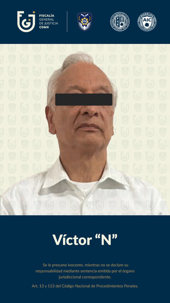 PDI_FGJCDMX's tweet photo. Derivado de trabajos de investigación y coordinación interinstitucional, agentes #PDI de la Fiscalía CDMX, en colaboración con elementos de la @Fiscalia_Mor, localizaron al imputado en la colonia Narvarte, @BJAlcaldia, donde fue aprehendido. En las próximas horas, Víctor “N” enfrentará la audiencia inicial ante un juez de control de Morelos, en la que conocerá a detalle los hechos de los que se presume responsable.

La investigación se inició tras la denuncia presentada por la víctima por hechos ocurridos en marzo de 2026, en el estado de Morelos. 

https://t.co/Tow8vX8oYv