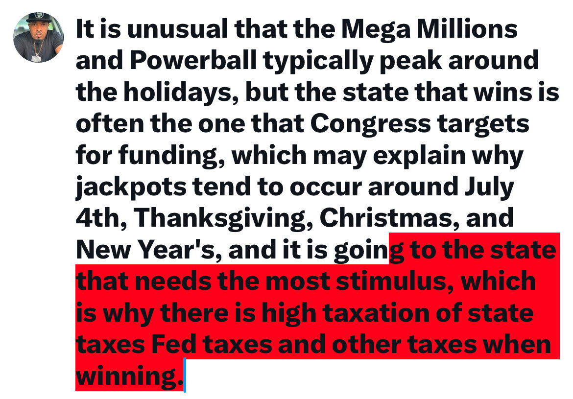 LEGACTHEAIRE's tweet photo. It is unusual that the Mega Millions and Powerball typically peak around the holidays, but the state that wins is often the one that Congress targets for funding, and it is going to the state that needs the most stimulus, or are in bed with lol #trendingnow https://t.co/R89cot61aR