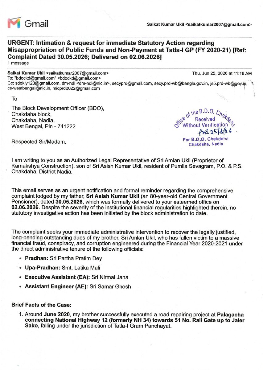 saikatkumar2007's tweet photo. Alleged Central fund misappropriation at Tatla-I GP, Nadia. Documentary evidence submitted to BDO Chakdaha on 25.06.2026. Still no action. @mopr_goi MoRD_GoI @IndiaCAG @wbprd @FinMinIndia @DM_NADIA_WB Sri @BJPBankimGhosh Sri @swapan55 Sri @DilipGhoshOff @cmowbgov https://t.co/zu6TMX0AKS