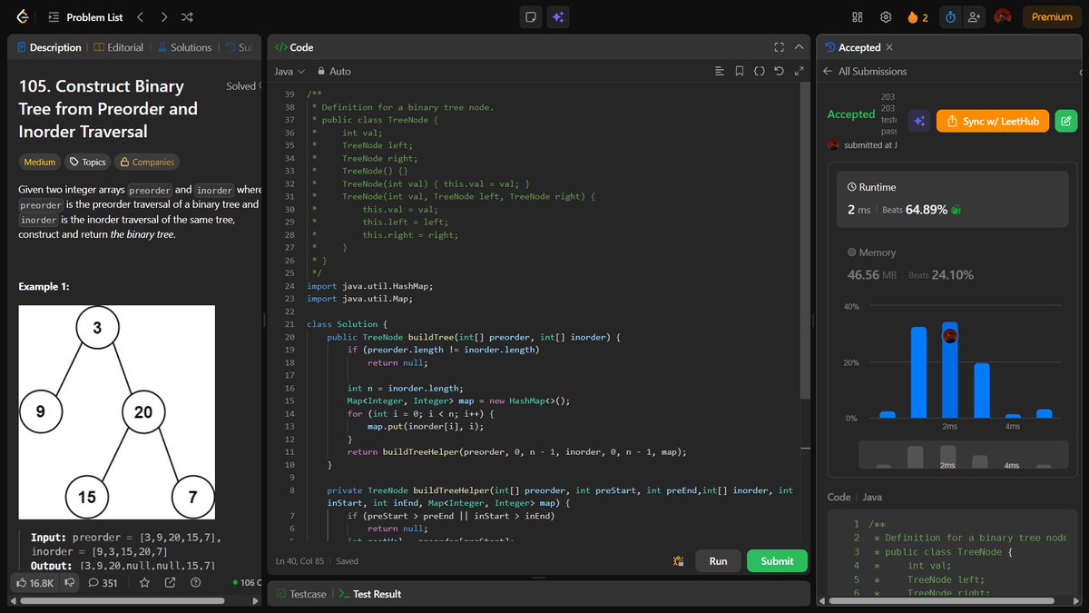 Subhraneel40939's tweet photo. Day 38✅ of 45 Days of SDE Sheet Challenge by @takeUforward_  @striver_79 with 3 Binary Tree problems
✅Maximum path sum
✅Construct a BT from Preorder and Inorder
✅Construct a BT from Postorder and Inorder
#SDESheetChallenge #DSA https://t.co/4vRElLOXd6