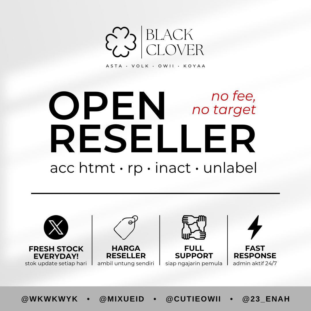 cloverfess's tweet photo. hey fh ku lagi open reseller. tiap hari selalu ready stock acc htmt dan acc kosongan juga. ada rewards tiap bulan untuk reseller. yg minat boleh pc ya. terima kasih☘️ https://t.co/EsobYPo1P2