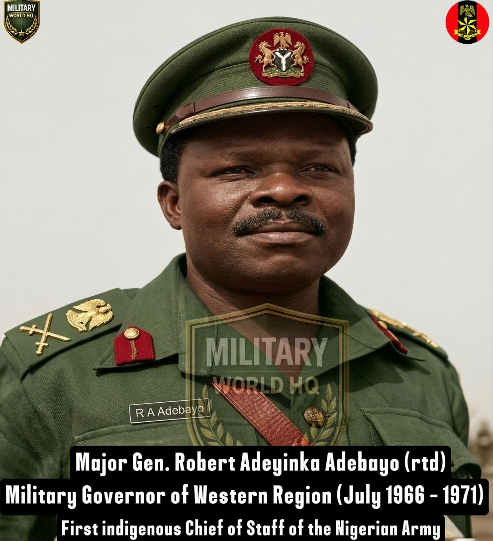 MilitaryWorldHQ's tweet photo. 🇳🇬 𝗠𝗔𝗝𝗢𝗥-𝗚𝗘𝗡𝗘𝗥𝗔𝗟 𝗥𝗢𝗕𝗘𝗥𝗧 𝗔𝗗𝗘𝗬𝗜𝗡𝗞𝗔 𝗔𝗗𝗘𝗕𝗔𝗬𝗢: 𝗔 𝗣𝗶𝗼𝗻𝗲𝗲𝗿 𝗦𝗼𝗹𝗱𝗶𝗲𝗿, 𝗦𝘁𝗮𝘁𝗲𝘀𝗺𝗮𝗻, 𝗮𝗻𝗱 𝗚𝘂𝗮𝗿𝗱𝗶𝗮𝗻 𝗼𝗳 𝗪𝗲𝘀𝘁𝗲𝗿𝗻 𝗡𝗶𝗴𝗲𝗿𝗶𝗮.

𝑴𝒂𝒋𝒐𝒓-𝑮𝒆𝒏𝒆𝒓𝒂𝒍 𝑹𝒐𝒃𝒆𝒓𝒕 𝑨𝒅𝒆𝒚𝒊𝒏𝒌𝒂 𝑨𝒅𝒆𝒃𝒂𝒚𝒐 (9 March 1928 – 8 March 2017) was one of Nigeria's foremost military pioneers, elder statesmen, and administrators. Widely respected for his professionalism, calm leadership, and commitment to national unity, he occupies a distinguished place in Nigerian history as one of the earliest indigenous officers of the Nigerian Army, the country's first indigenous Chief of Army Staff, Military Governor of the Western Region during one of Nigeria's most turbulent periods, and later Commandant of the Nigerian Defence Academy.

His military career spanned nearly three decades, beginning during the colonial era and continuing through Nigeria's independence, the Congo peacekeeping mission, the military coups of the 1960s, and the Nigerian Civil War. Beyond the battlefield, Adebayo became known as a bridge-builder, an advocate of reconciliation, and one of the most respected Yoruba leaders of his generation.

Even after retiring from military service, he remained active in national affairs, serving as a respected elder statesman and President of the Yoruba Council of Elders (YCE), where his voice carried considerable influence on issues of national unity, federalism, and good governance.

𝐄𝐀𝐑𝐋𝐘 𝐋𝐈𝐅𝐄 𝐀𝐍𝐃 𝐁𝐀𝐂𝐊𝐆𝐑𝐎𝐔𝐍𝐃

Robert Adeyinka Adebayo was born on 9 March 1928 in 𝑰𝒍𝒆-𝑰𝒇𝒆, 𝒊𝒏 𝒑𝒓𝒆𝒔𝒆𝒏𝒕-𝒅𝒂𝒚 𝑶𝒔𝒖𝒏 𝑺𝒕𝒂𝒕𝒆, 𝒂𝒍𝒕𝒉𝒐𝒖𝒈𝒉 𝒉𝒆 𝒉𝒂𝒊𝒍𝒆𝒅 𝒇𝒓𝒐𝒎 𝑰𝒚𝒊𝒏-𝑬𝒌𝒊𝒕𝒊 𝒊𝒏 𝒑𝒓𝒆𝒔𝒆𝒏𝒕-𝒅𝒂𝒚 𝑬𝒌𝒊𝒕𝒊 𝑺𝒕𝒂𝒕𝒆, 𝑵𝒊𝒈𝒆𝒓𝒊𝒂.

He was born into a disciplined Yoruba family. His father worked in the Public Works Department, a profession that required frequent transfers across different towns in the old Western Region. As a result, young Robert experienced life in several communities during his childhood, exposing him to different cultures and strengthening his adaptability from an early age.

𝑭𝒓𝒊𝒆𝒏𝒅𝒔, 𝒄𝒐𝒍𝒍𝒆𝒂𝒈𝒖𝒆𝒔, 𝒂𝒏𝒅 𝒉𝒊𝒔𝒕𝒐𝒓𝒊𝒂𝒏𝒔 𝒐𝒇𝒕𝒆𝒏 𝒅𝒆𝒔𝒄𝒓𝒊𝒃𝒆𝒅 𝒉𝒊𝒎 𝒂𝒔 𝒄𝒂𝒍𝒎, 𝒅𝒊𝒔𝒄𝒊𝒑𝒍𝒊𝒏𝒆𝒅, 𝒉𝒖𝒎𝒃𝒍𝒆, 𝒂𝒏𝒅 𝒆𝒙𝒄𝒆𝒑𝒕𝒊𝒐𝒏𝒂𝒍𝒍𝒚 𝒎𝒂𝒕𝒖𝒓𝒆 𝒆𝒗𝒆𝒏 𝒊𝒏 𝒉𝒊𝒔 𝒚𝒐𝒖𝒕𝒉—𝒒𝒖𝒂𝒍𝒊𝒕𝒊𝒆𝒔 𝒕𝒉𝒂𝒕 𝒘𝒐𝒖𝒍𝒅 𝒍𝒂𝒕𝒆𝒓 𝒅𝒆𝒇𝒊𝒏𝒆 𝒃𝒐𝒕𝒉 𝒉𝒊𝒔 𝒎𝒊𝒍𝒊𝒕𝒂𝒓𝒚 𝒂𝒏𝒅 𝒑𝒐𝒍𝒊𝒕𝒊𝒄𝒂𝒍 𝒄𝒂𝒓𝒆𝒆𝒓𝒔.

𝐄𝐃𝐔𝐂𝐀𝐓𝐈𝐎𝐍

Major-General Adebayo received his early education in several schools across the Western Region.

ʜɪꜱ ᴇᴅᴜᴄᴀᴛɪᴏɴᴀʟ ᴊᴏᴜʀɴᴇʏ ɪɴᴄʟᴜᴅᴇᴅ:

🧑🏾‍🎓 All Saints School, Iyin-Ekiti
🧑🏾‍🎓 Schools at Efon-Alaye and Ikole-Ekiti
🧑🏾‍🎓 Christ's School, Ado-Ekiti (1942–1944), one of the region's most prestigious missionary schools.
🧑🏾‍🎓 Eko Boys High School, Lagos (1945–1947), where he completed his secondary education.

𝑯𝒊𝒔 𝒂𝒄𝒂𝒅𝒆𝒎𝒊𝒄 𝒅𝒊𝒔𝒄𝒊𝒑𝒍𝒊𝒏𝒆 𝒂𝒏𝒅 𝒍𝒆𝒂𝒅𝒆𝒓𝒔𝒉𝒊𝒑 𝒒𝒖𝒂𝒍𝒊𝒕𝒊𝒆𝒔 𝒂𝒕𝒕𝒓𝒂𝒄𝒕𝒆𝒅 𝒕𝒉𝒆 𝒂𝒕𝒕𝒆𝒏𝒕𝒊𝒐𝒏 𝒐𝒇 𝒎𝒊𝒍𝒊𝒕𝒂𝒓𝒚 𝒓𝒆𝒄𝒓𝒖𝒊𝒕𝒆𝒓𝒔 𝒅𝒖𝒓𝒊𝒏𝒈 𝒕𝒉𝒆 𝒍𝒂𝒕𝒆 𝒄𝒐𝒍𝒐𝒏𝒊𝒂𝒍 𝒑𝒆𝒓𝒊𝒐𝒅 𝒘𝒉𝒆𝒏 𝑩𝒓𝒊𝒕𝒂𝒊𝒏 𝒃𝒆𝒈𝒂𝒏 𝒑𝒓𝒆𝒑𝒂𝒓𝒊𝒏𝒈 𝒊𝒏𝒅𝒊𝒈𝒆𝒏𝒐𝒖𝒔 𝑵𝒊𝒈𝒆𝒓𝒊𝒂𝒏𝒔 𝒕𝒐 𝒂𝒔𝒔𝒖𝒎𝒆 𝒍𝒆𝒂𝒅𝒆𝒓𝒔𝒉𝒊𝒑 𝒑𝒐𝒔𝒊𝒕𝒊𝒐𝒏𝒔 𝒘𝒊𝒕𝒉𝒊𝒏 𝒕𝒉𝒆 𝒂𝒓𝒎𝒆𝒅 𝒇𝒐𝒓𝒄𝒆𝒔.

𝐌𝐈𝐋𝐈𝐓𝐀𝐑𝐘 𝐓𝐑𝐀𝐈𝐍𝐈𝐍𝐆

Robert Adebayo enlisted in the Nigerian Army in 1948, then known as part of the 𝑹𝒐𝒚𝒂𝒍 𝑾𝒆𝒔𝒕 𝑨𝒇𝒓𝒊𝒄𝒂𝒏 𝑭𝒓𝒐𝒏𝒕𝒊𝒆𝒓 𝑭𝒐𝒓𝒄𝒆 (𝑹𝑾𝑨𝑭𝑭).

Initially serving as a 𝒓𝒆𝒈𝒊𝒎𝒆𝒏𝒕 𝒔𝒊𝒈𝒏𝒂𝒍𝒍𝒆𝒓, he quickly demonstrated remarkable intelligence, discipline, and leadership potential.

𝑯𝒊𝒔 𝒑𝒓𝒐𝒎𝒊𝒔𝒊𝒏𝒈 𝒑𝒆𝒓𝒇𝒐𝒓𝒎𝒂𝒏𝒄𝒆 𝒆𝒂𝒓𝒏𝒆𝒅 𝒉𝒊𝒎 𝒔𝒆𝒍𝒆𝒄𝒕𝒊𝒐𝒏 𝒇𝒐𝒓 𝒐𝒇𝒇𝒊𝒄𝒆𝒓 𝒕𝒓𝒂𝒊𝒏𝒊𝒏𝒈—𝒂 𝒓𝒂𝒓𝒆 𝒐𝒑𝒑𝒐𝒓𝒕𝒖𝒏𝒊𝒕𝒚 𝒇𝒐𝒓 𝑨𝒇𝒓𝒊𝒄𝒂𝒏𝒔 𝒂𝒕 𝒕𝒉𝒆 𝒕𝒊𝒎𝒆.

....👇🏾