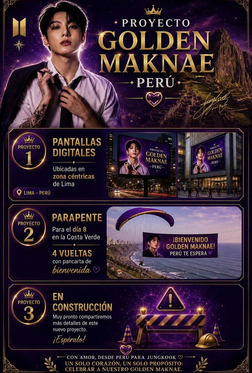 ccarmype's tweet photo. — JEON JUNGKOOK 🐰

¡También encontramos proyectos individuales para Jungkook! 🥹🫶

Entre los proyectos se encuentran:

• Pantallas digitales ubicadas en diferentes puntos de la ciudad de Lima.

• Parapente en la Costa Verde para darle la bienvenida a Jungkook el 8 de octubre.

• Un tercer proyecto que será anunciado muy pronto... 👀

Si desean apoyarlos y conocer las próximas novedades, pueden seguir sus redes sociales 🙌

📲 Instagram, TikTok y Twitter: @GoldenMaknaePE 💜