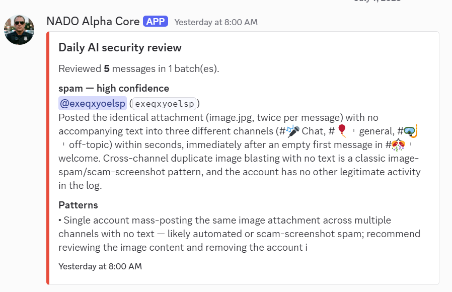 nadochain's tweet photo. We are using AI for Discord security and so far it has been very efficient https://t.co/owRiGARZNL