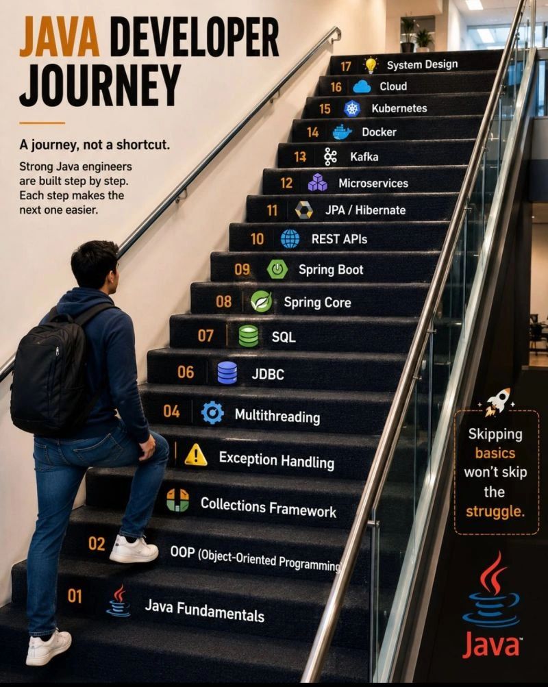 AnisCodex's tweet photo. 🚀 Java Developer Roadmap:

✅ Java Fundamentals
✅ OOP
✅ Collections
✅ Exception Handling
✅ Multithreading
✅ JDBC + SQL
✅ Spring Core
✅ Spring Boot
✅ REST APIs
✅ JPA/Hibernate
✅ Microservices
✅ Kafka
✅ Docker
✅ Kubernetes
✅ Cloud
✅ System Design

#Java #SpringBoot https://t.co/HtK4Ey0GpV