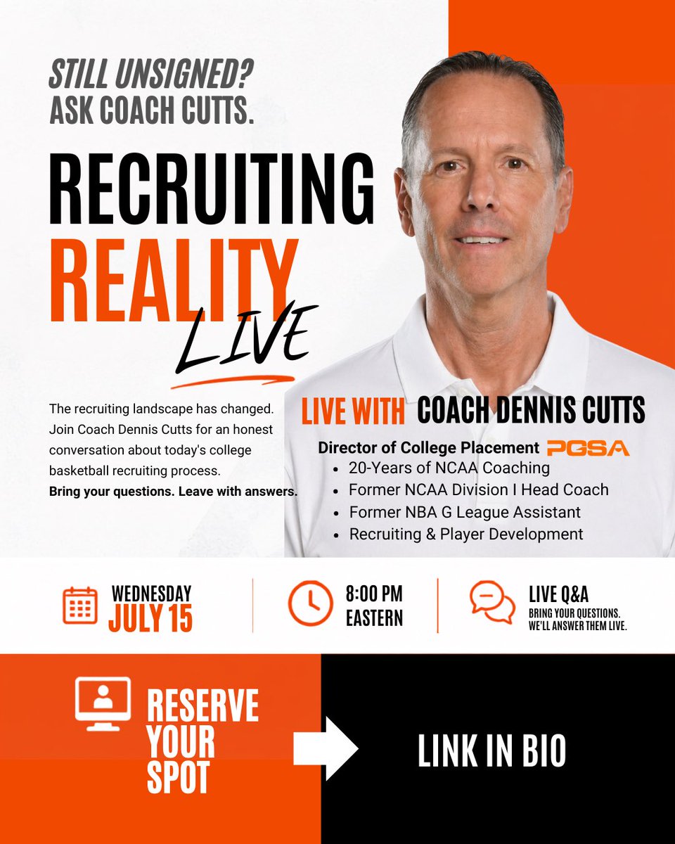 The_PGSA's tweet photo. Still unsigned? Don’t guess. Get answers.

Join Coach Dennis Cutts for a free live recruiting Q&amp;A.

📅 July 15 | 8 PM EDT
🔗 https://t.co/6EAgjBzyu8

#ThePGSA #BasketballRecruiting https://t.co/6HFbs6FPSS