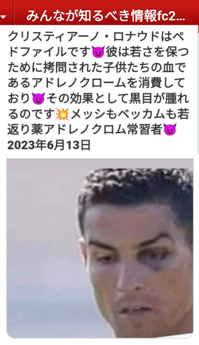 kibunzyozyu's tweet photo. クリスティアーノ・ロナウドはペドファイルです😈彼は若さを保つために拷問された子供たちの血であるアドレノクロームを消費しており😈その効果として黒目が腫れるのです💥メッシもベッカムも若返り薬アドレノクロム常習者😈2023年6月13日https://t.co/IqRMBvtk8P https://t.co/a0PdrLrlqs