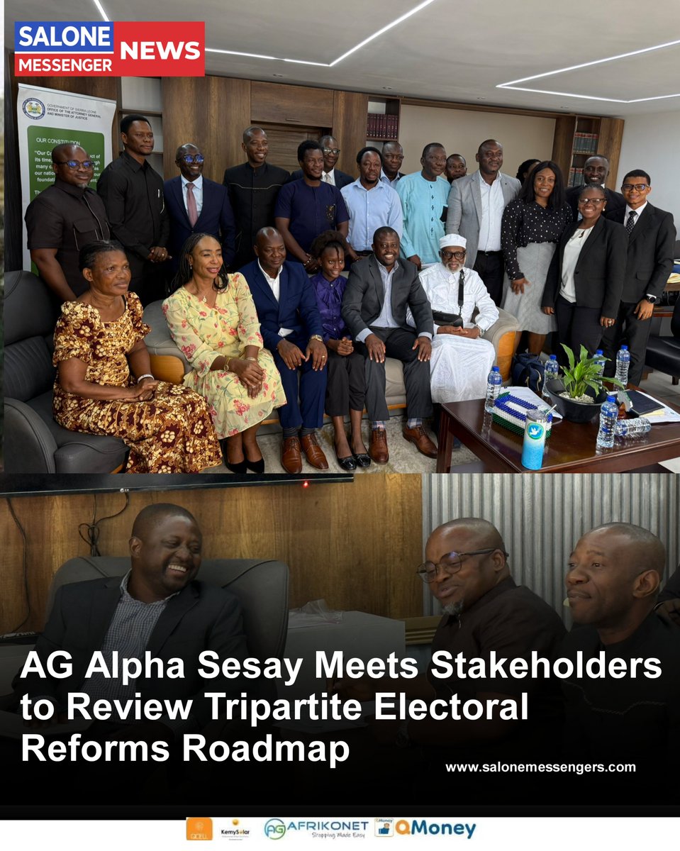 Salonemessenger's tweet photo. Sierra Leone’s #Attorney General and Minister of Justice, Alpha Sesay, hosted a high-level review meeting this afternoon to evaluate the ongoing implementation of electoral reforms recommended by the #TripartiteCommittee.
#SaloneMessenger https://t.co/BpYfvqpj0B
