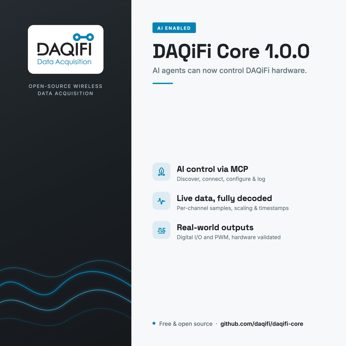 DAQifi's tweet photo. AI-controlled data acquisition is here.

DAQiFi Core now supports MCP, enabling AI agents to control real DAQiFi hardware.

Discover devices. Configure channels. Log data. Drive outputs.

https://t.co/hqNVGtB649

#AI #MCP #DAQ https://t.co/I5z4vBTJL1