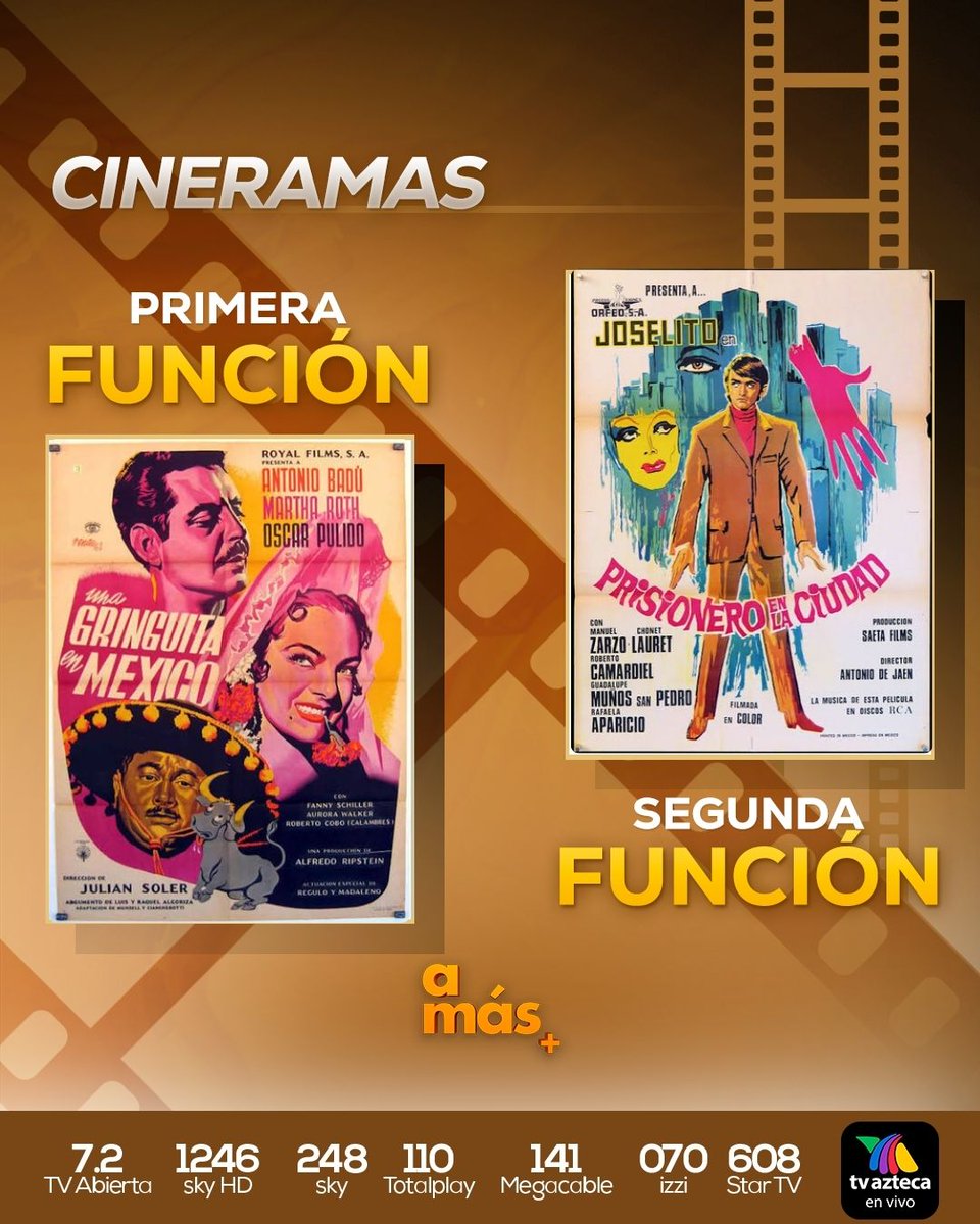 amastv's tweet photo. Este miércoles no te pierdas los #Cineramas que preparamos para consentirte. 🎥🎞️
Prepara el combo de palomitas y quédate a disfrutar de la mejor selección de películas nacionales para cortar la semana. 🍿

Solo por #Amás 

10:00 am Una Gringita en México 
5:00 pm Prisionero en la Ciudad 
6:30 pm El Rápido en la Frontera Sin Ley 
8:00 pm La Vuelta del Mexicano