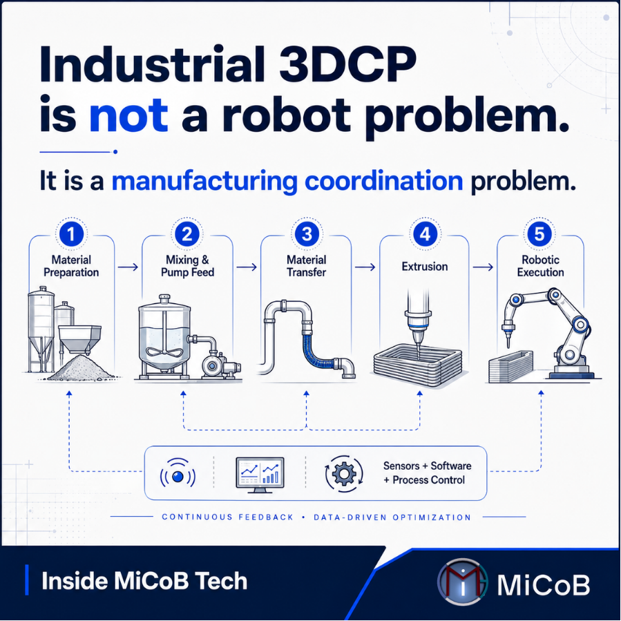 MiCoB_India's tweet photo. 3D concrete printing is often judged by the robot.
But in industrial-scale 3DCP, the robot is only one part of the system.
Material, mixing, pumping, extrusion, feedback, software and motion must work together.
The printer is visible.
The system is the technology.
#MiCoB #3DCP https://t.co/Em4hUORJUh