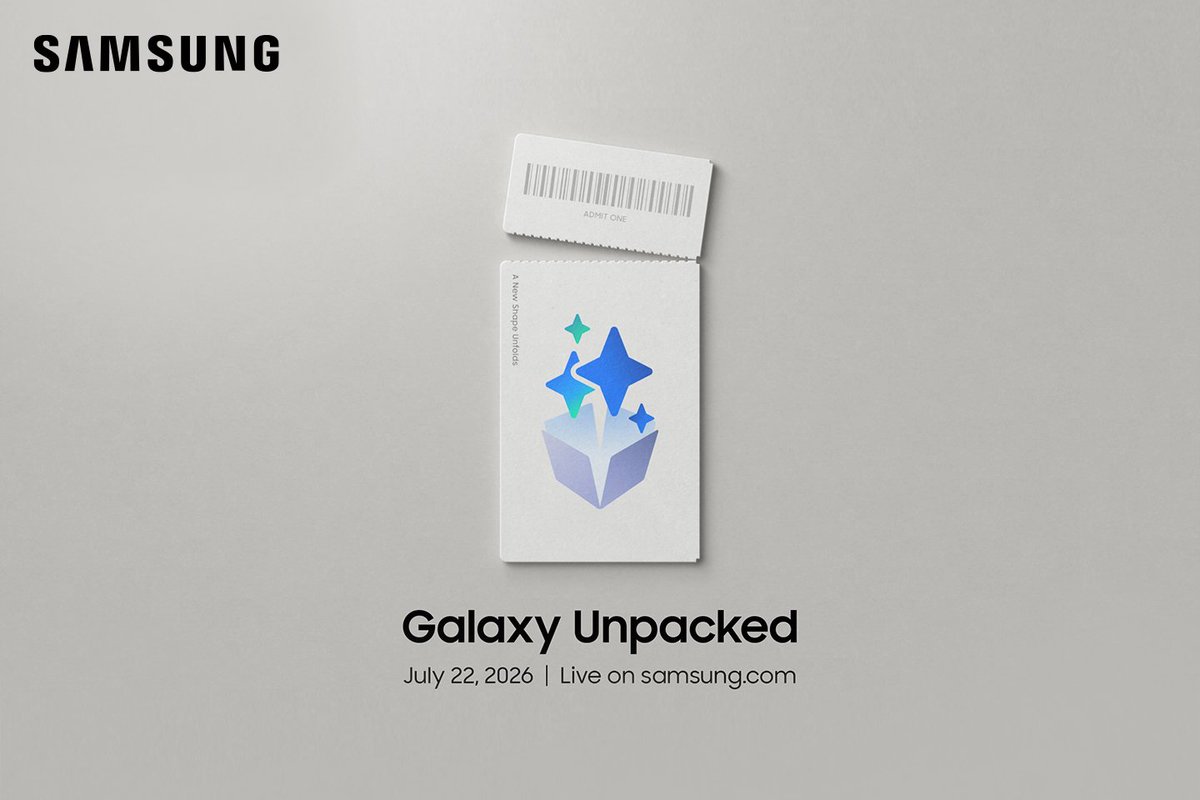 sondesix's tweet photo. It's official!

Samsung will announce its Galaxy folding phones in just two weeks.

Galaxy Unpacked July 2026 - Details
📆 Date: July 22
🕙 Time: 2 pm BST
📍 Location: London, UK

Expected Products to be announced:
✅ Galaxy Z Fold8
✅ Galaxy Z Fold8 Ultra
✅ Galaxy Z Flip8
✅ Galaxy Watch9
✅ Galaxy Watch Ultra 2
✅ Galaxy Glasses (teaser)