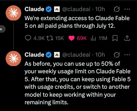 dansemperepico's tweet photo. Prediction directionally correct (see my quote tweet below the screenshot).

Once they brought Fable 5 back, they said it would only remain in subs until July 7th.

Now they're extending it to July 12th, plus they intend to include it in subscriptions long-term once they have enough compute.