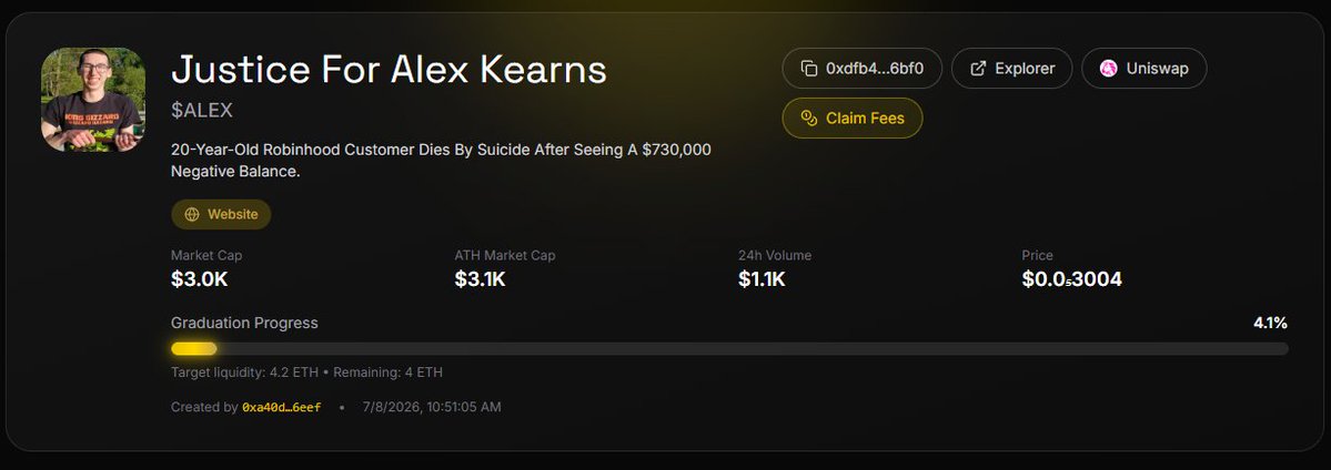0xOWCA's tweet photo. $ALEX was created on the @RobinhoodApp @vladtenev  chain not for empty speculation. This is a tribute to remember Alex, and at the same time, a stark reminder to all traders in the market.

Ca: 0xdfb4f6b1286e8afd98761476316b48161b0a6bf0

#AlexKearns #Crypto #RobinhoodChain $ALEX https://t.co/wIAJpWBRmu