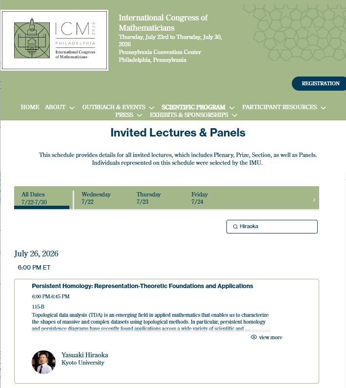 SpringerMath's tweet photo. 🌟We are proud to share that Prof Yasuaki Hiraoka (Kyoto U), an Editor of #JournalofAppliedandComputationalTopology, is an invited speaker at ICM 2026 in Philadelphia!

🗓️ #ICM2026 Invited Lectures &amp; Panels Program (July 23–30) 👉 https://t.co/A8gUV5ayiS
#平岡裕章 #国際数学者会議 https://t.co/ocSxk5n2Zz