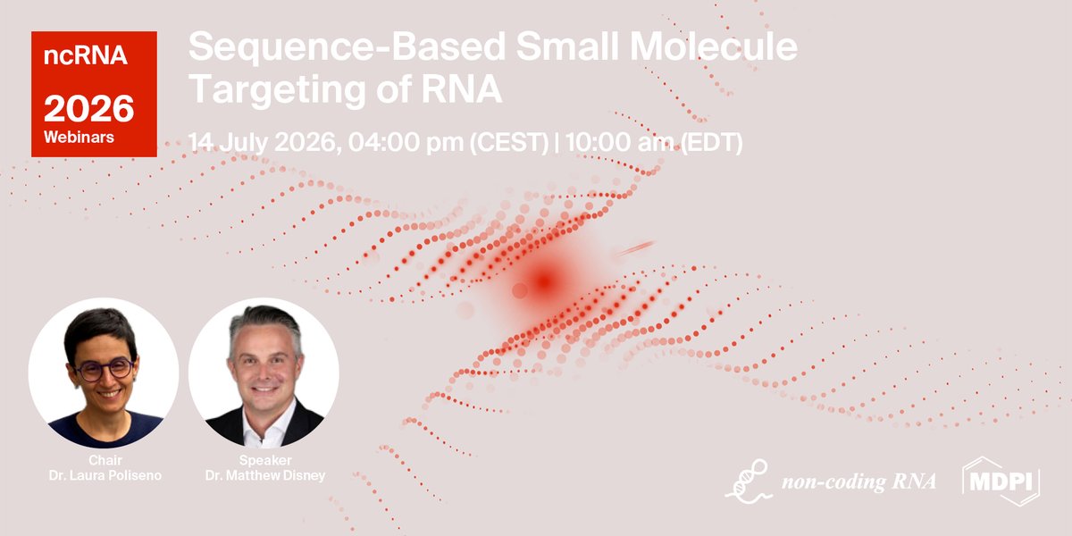 webinar_mdpi's tweet photo. Join us at the @Non_Coding_RNA Webinar | Sequence-Based Small-Molecule Targeting of RNA 🧬 

This webinar by @MDPIOpenAccess &amp; ncRNA will discuss RNA targeting by small molecules. 

Register: https://t.co/snO43lVvMO  
Learn more: https://t.co/28pY5y6ncp 

#MDPI #OpenAccess #ncRNA https://t.co/Fx2vA2UE2S