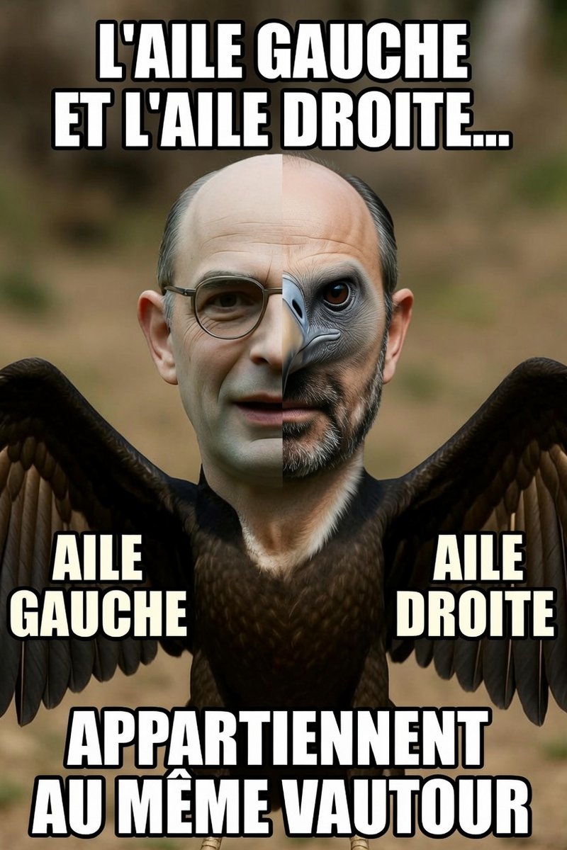 Methuselah366's tweet photo. @EPhilippe_LH c'est fou quand même  après ce qu'ils nous ont tous fait pendant le Covid surtout lui, ils osent encore venir nous faire des promesses??? Ils ont pas encore compris que nous le people avons compris depuis longtemps "L'AILE GAUCHE ET L'AILE DROITE APPARTIENNENT AU MÊME VAUTOUR" https://t.co/n5lKQzDxEK