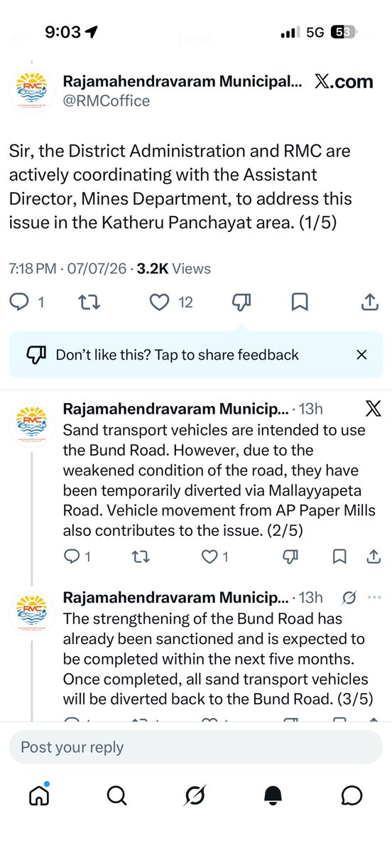 Jahnavi_G's tweet photo. Thank you, @RMCoffice, for the prompt response and the detailed plan of action. We hope the Bund Road strengthening is completed as early as possible so that heavy sand vehicles can be diverted back. Until then, kindly ensure regular road maintenance, daily cleaning, and strict enforcement against overloaded vehicles to reduce the inconvenience faced by residents. 

We sincerely appreciate today’s cleaning efforts (photos attached) and the prompt response to the concerns raised by residents. 🙏
Looking forward to a permanent solution. Thank you once again @naralokesh
