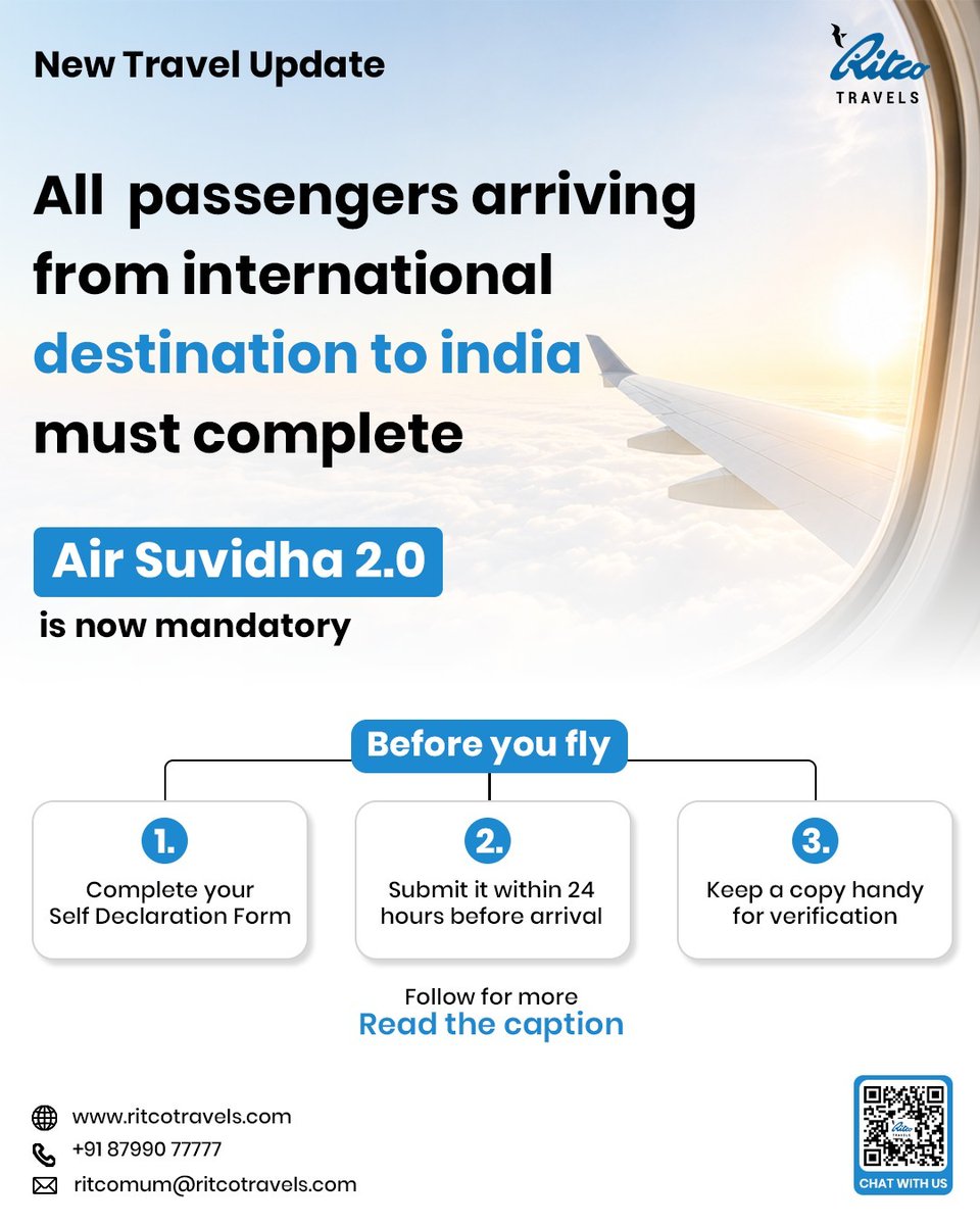 RitcoTravel's tweet photo. ✈️ Important Travel Advisory

📌 Air Suvidha Portal: https://t.co/YYR71XUkOy
📌 Government Notification: https://t.co/L6OwcShsf5

📞 +91 87990 77777
.
👉 Want to know more about us? Join our channel - https://t.co/17cCxsdiec
.
#AirSuvidha #InternationalTravel #RitcoTravels https://t.co/eB5lAJEJTl