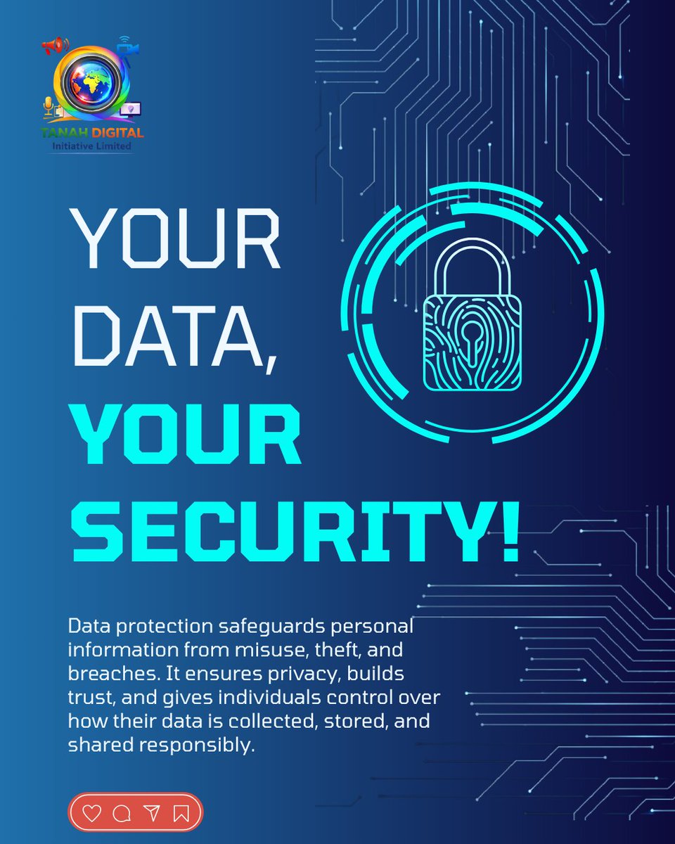 tanahmedia7's tweet photo. Your data is your power. Protect it from misuse, theft, and breaches. Privacy builds trust and gives you control. #DataProtection #PrivacyMatters #CyberSecurity #DigitalRights https://t.co/cuRacHSyDW