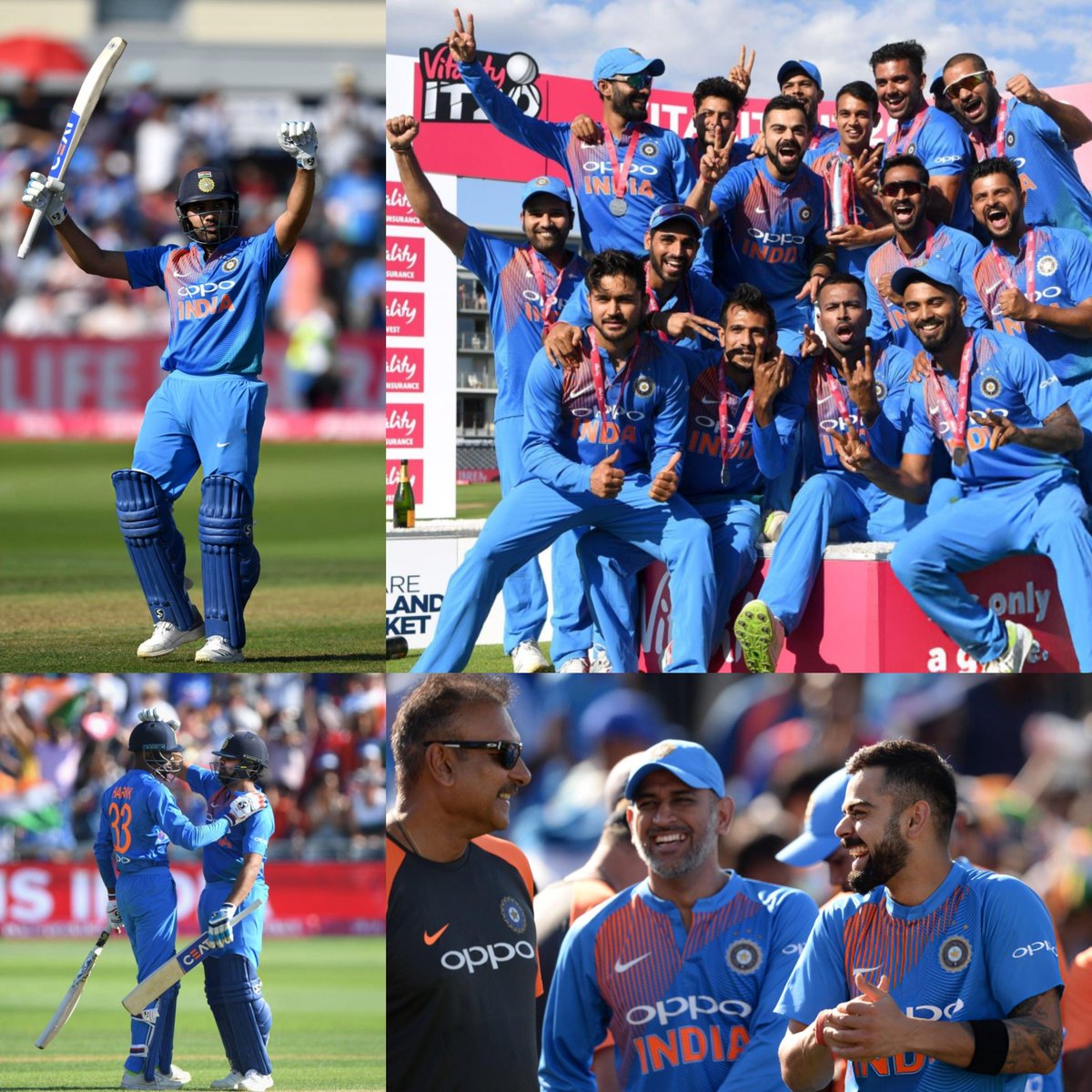 Shebas_10dulkar's tweet photo. #OnThisDay in 2018

India won a T20I series in England for the first time under Virat Kohli's captaincy.

ENG - 198/9 || IND - 201/3

- Rohit Sharma Scored 100* (56)
This is 1st time, An Indian Scored Century in a T20I Series Decider match.

- Hardik Pandya picked 4 Wickets (4/38)