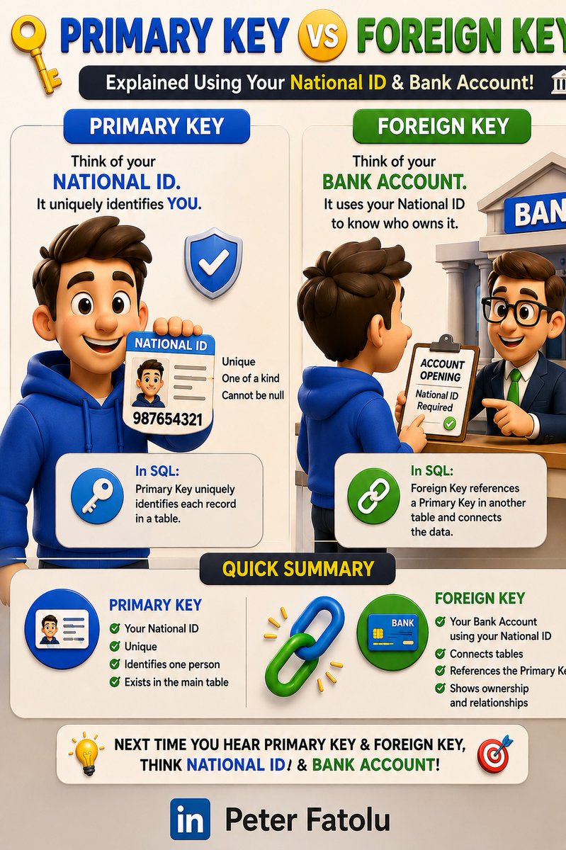 PeterFatd1's tweet photo. 🔑 Primary Key vs Foreign Key – Explained Using Your National ID & Bank Account! 🏦

Ever found yourself mixing up Primary Keys and Foreign Keys in SQL?

Let's forget databases for a minute and think about something we all use...

Your National ID and your Bank Account. 👇

🆔 Primary Key

Imagine every citizen has a National ID Number.

No two people can have the same ID.

Even if two people share the same name, their National IDs are always different.

Your National ID is what uniquely identifies you.

💡 In SQL:

✅ Every record has one unique identifier.

✅ It cannot be duplicated.

✅ It cannot be empty (NULL).

Think of a Primary Key as the identity card of every row in a table.

🏦 Foreign Key

Now imagine you decide to open a bank account.

The bank doesn't create a brand-new identity for you.

Instead, it asks for your National ID.

Why?

Because the bank needs to know who owns the account.

Your account is linked to your identity using your National ID.

💡 In SQL:

🔗 A Foreign Key references a Primary Key in another table.

🔗 It connects related tables.

🔗 It keeps your data accurate and organized.

One person can own multiple bank accounts...

But every account still points back to one National ID.

That's exactly how a Foreign Key works.

📌 Quick Summary

🆔 Primary Key

= Your National ID

✔️ Unique

✔️ Identifies one person

✔️ Exists in the main table

🔗 Foreign Key

= Your Bank Account using your National ID

✔️ Connects tables

✔️ References the Primary Key

✔️ Shows ownership and relationships

The next time someone asks you about Primary Keys and Foreign Keys, don't think about SQL...

Think about your National ID and your Bank Account. 🔑🏦

You'll probably never confuse them again.

💬 What's another SQL concept you'd like me to explain using a real-life analogy?

👇 Drop it in the comments!

#SQL #DataAnalytics #DataAnalyst #Database #LearningSQL #DataEngineering #BusinessIntelligence #SQLTutorial #TechEducation #DataScience