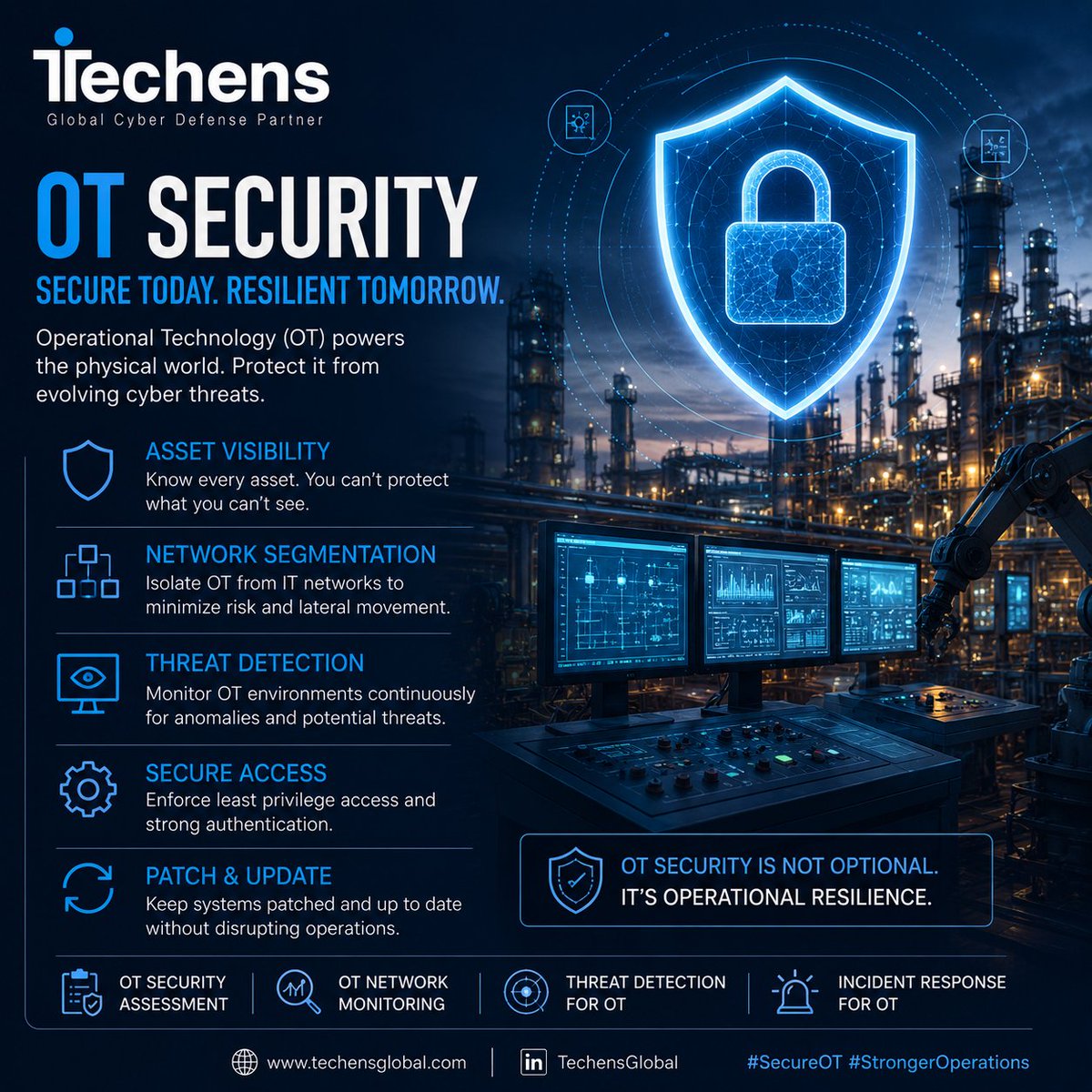 TechensGlobal's tweet photo. 🏭 OT systems power our industries, but they're increasingly targeted by cyber threats.

Secure your critical infrastructure with asset visibility, network segmentation, continuous monitoring, and least-privilege access.

#OTSecurity #ICS #SCADA #CyberSecurity #Techens https://t.co/XiI2Rh0MWk