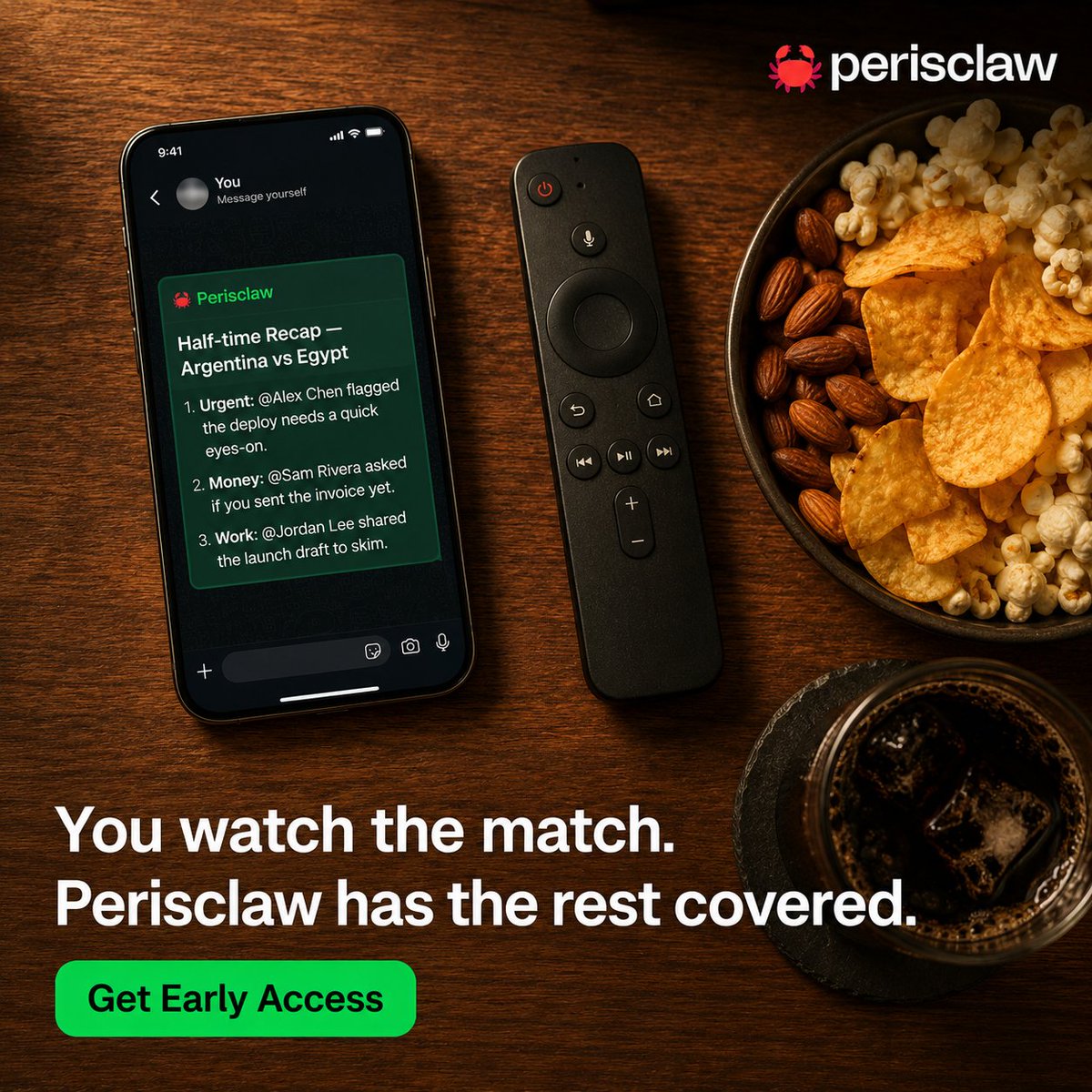 PerisclawAI's tweet photo. FIFA World Cup match day starter kit:

🍿 Snacks
👕 Your favourite team's jersey
👯 The right company
🦀 Perisclaw, so you don't have to keep checking WhatsApp every five minutes.

Add it to your matchday kit: https://t.co/XWQguPjZBi

#perisclaw #fifaworldcup https://t.co/308J0MxMDp