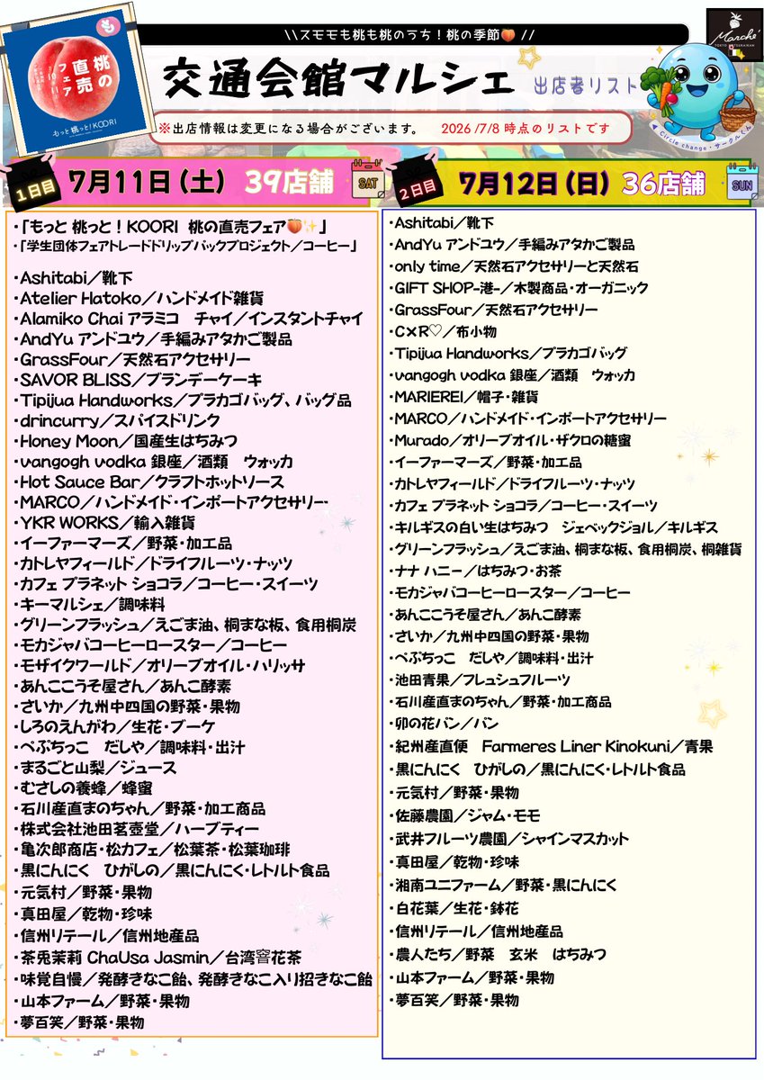 koutsu_marche's tweet photo. 【今週末、7月11日、12日の出店者さんを紹介します🍑】

https://t.co/l4H6zD0knd

旬のフルーツが集まる今週末🍇
出店者の皆さんをご紹介します❗️

#交通会館マルシェ https://t.co/ZqexofMyZy
