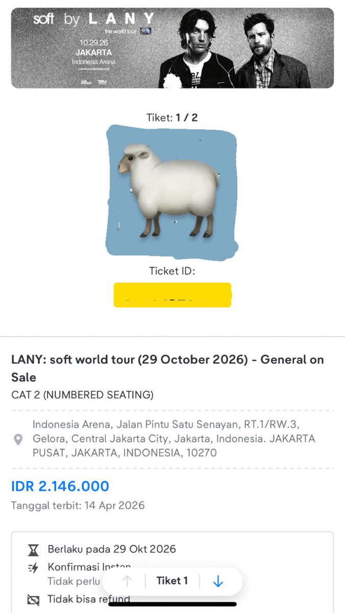 chunsunie_'s tweet photo. WTS “soft” LANY IN JKT DAY 1 (29 Okt)

🎫 2tix, CAT 2
🐑 Harga 2,1/tix
🐑 Bisa diurus sampe wb

tiket pribadi yaw, if ur interested or need proof, please dont hesitate to dm!

#wts #LANY #lanyjakarta #LANYSOFTTOUR https://t.co/5UPdFHVvqf