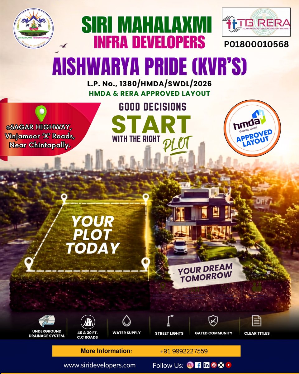 MahalaxmiSiri's tweet photo. 🏡 Good Decisions Start with the Right Plot.

Aishwarya Pride (KVR's) – an HMDA &amp; TG RERA Approved premium villa plots layout.

📍 Location: Sagar Highway, Vinjamoor 'X' Roads, Near Chintapally

📞 9992227559
🌐 https://t.co/dxj599hK5b

#AishwaryaPride #KVRProjects #HMDAApproved https://t.co/EbP6doMgLj
