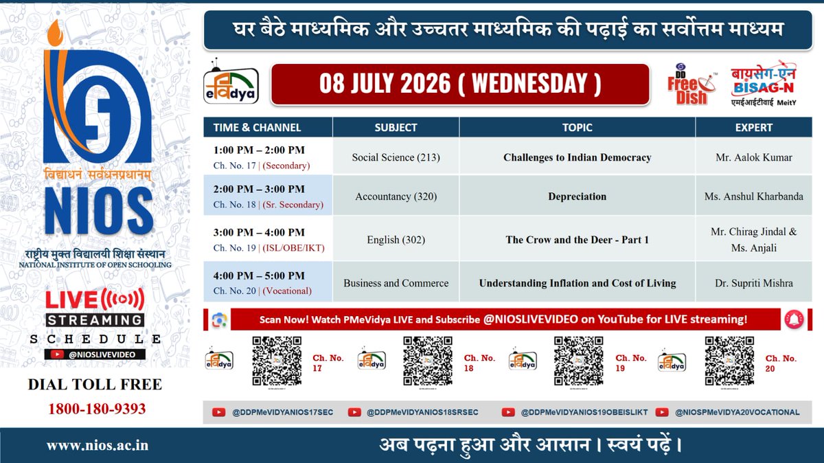 niostwit's tweet photo. 📺 #NIOSLIVE PCP | 08 July 2026🏛️ Social Science
📊 Accountancy
📖 English
💼 Business &amp; Commerce⏰ 1:00 PM - 5:00 PM | #PMeVidya🔗 https://t.co/qYIbmwBbG2#OpenSchooling #DigitalEducation #SocialScience #Accountancy #English #BusinessStudies #LearnFromHome https://t.co/OKwkGGPquE