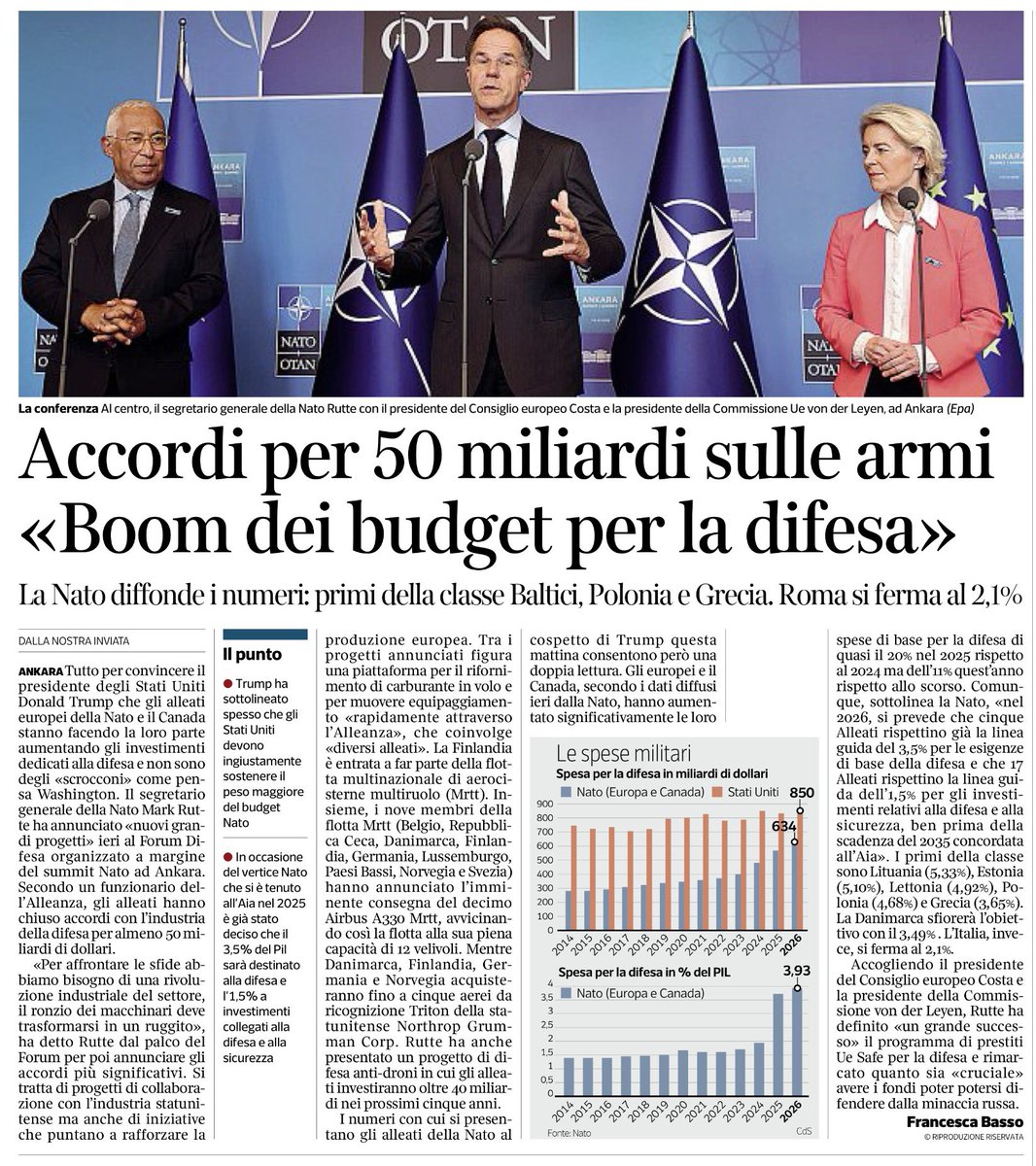 francofontana43's tweet photo. Il mondo, senza freni, precipita nella guerra
Ci vorrebbe un freno d’emergenza, che però non si vede all’orizzonte
“Accordi per 50 miliardi sulle armi
“Boom dei budget per la difesa”
Più morti e più fame in tutto il mondo
In compenso si risparmierà sulle spese per la scuola e la salute con un forte aumento del numero di malati e di ignoranti
Da Francesca Basso, @corriere