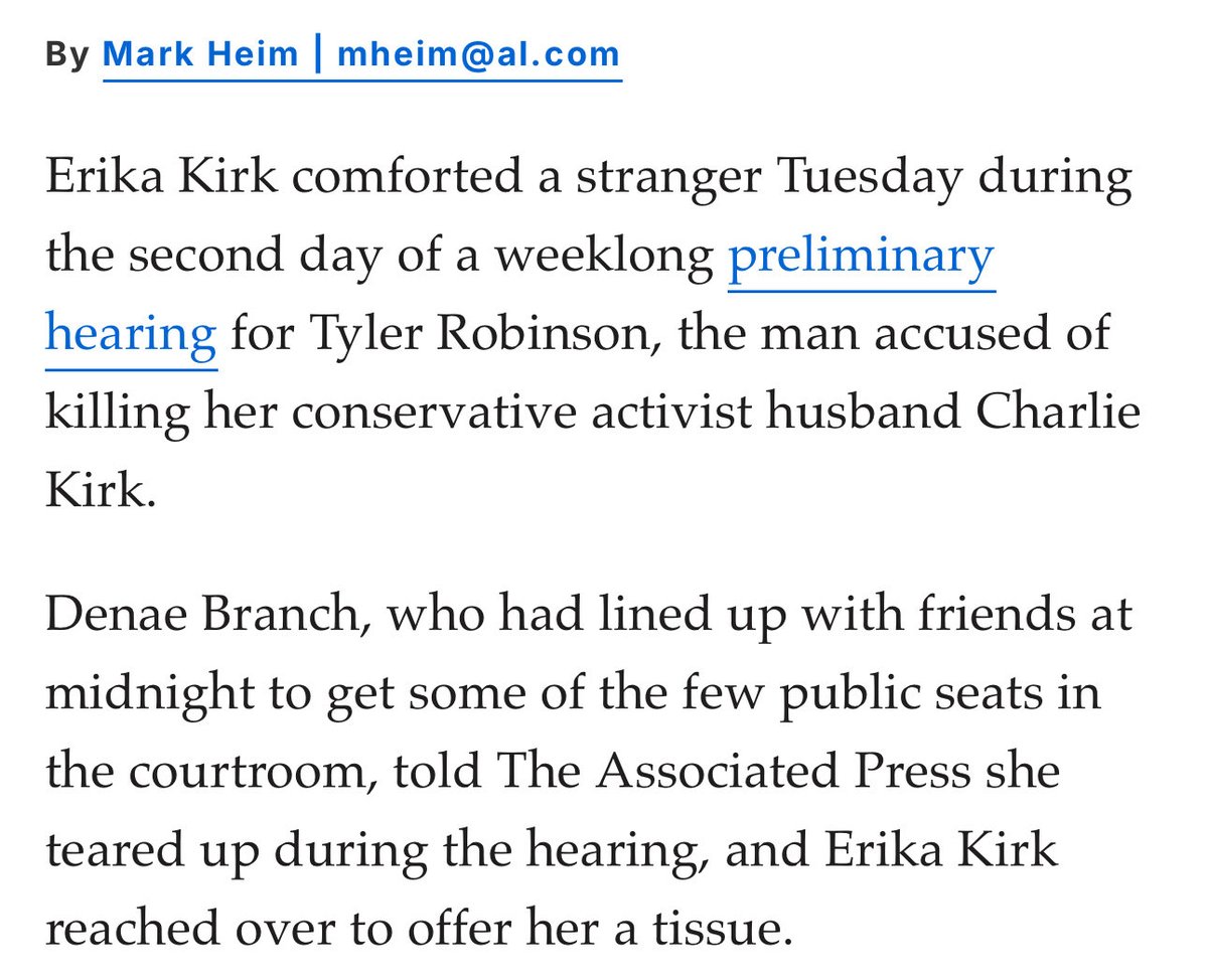 TheModerateCase's tweet photo. Erika Kirk is a good woman with a good heart.

A stranger sat near her in court this week, someone who admitted she didn’t know if she was “Team Erika or not.” Erika saw her crying and handed her a tissue. 

This is a widow who watched her husband’s death replayed on courtroom monitors. Her reward has been months of nonstop conspiracy theories, harassment, and actual threats. Everything she does, every outfit she wears, every facial expression she makes, is dissected by people who decided she was guilty of something before a shred of evidence existed.

It’s insane and shameful. It says everything about the people doing it and nothing about her.

Justice is coming. For Charlie, and for the truth.