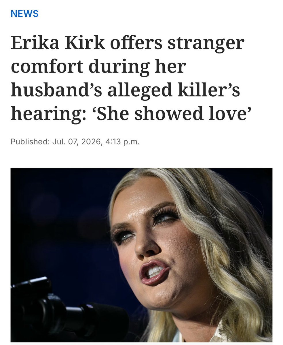 TheModerateCase's tweet photo. Erika Kirk is a good woman with a good heart.

A stranger sat near her in court this week, someone who admitted she didn’t know if she was “Team Erika or not.” Erika saw her crying and handed her a tissue. 

This is a widow who watched her husband’s death replayed on courtroom monitors. Her reward has been months of nonstop conspiracy theories, harassment, and actual threats. Everything she does, every outfit she wears, every facial expression she makes, is dissected by people who decided she was guilty of something before a shred of evidence existed.

It’s insane and shameful. It says everything about the people doing it and nothing about her.

Justice is coming. For Charlie, and for the truth.