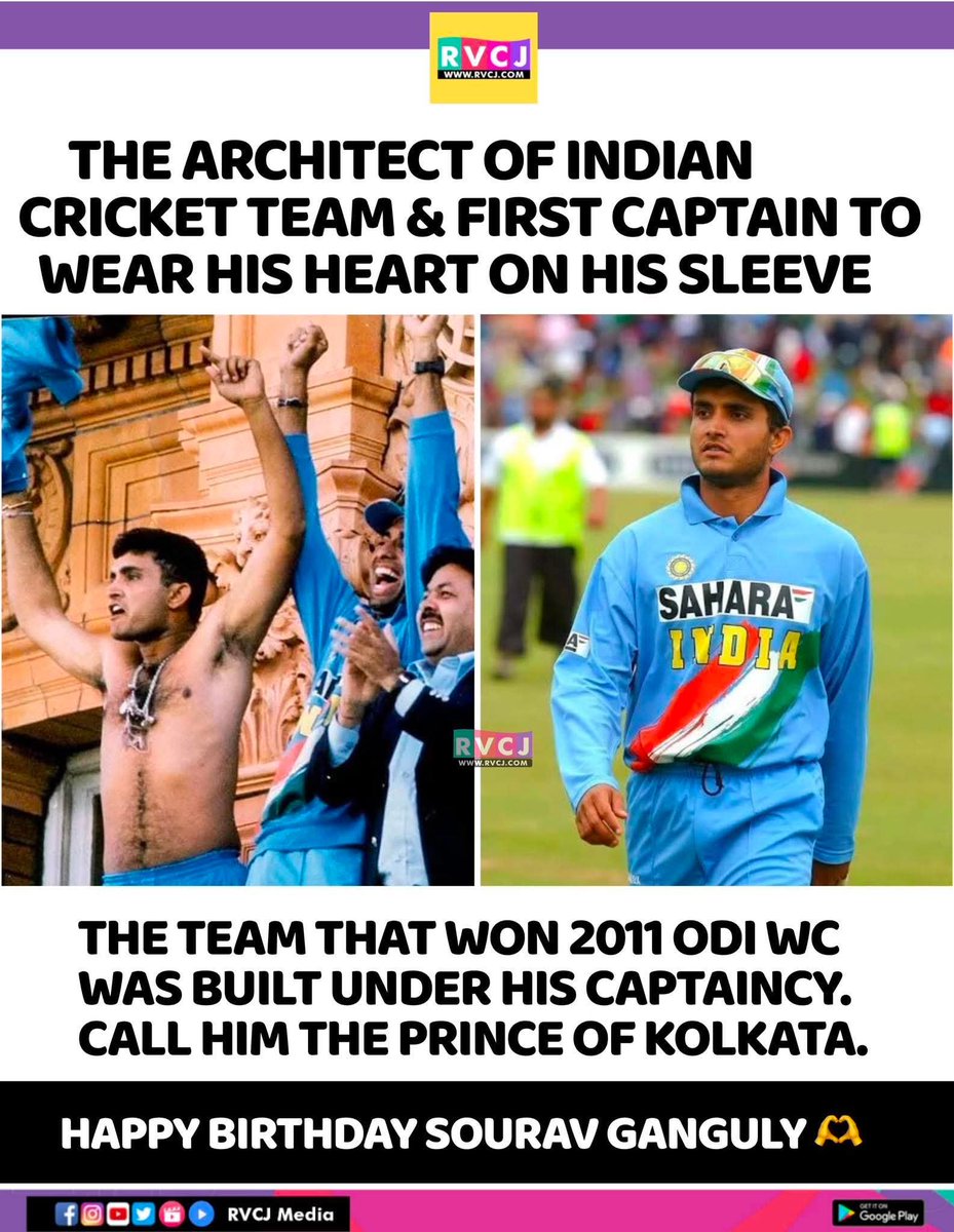 RVCJ_FB's tweet photo. Happy Birthday To The Architect of Indian Cricket Team. Sourav Ganguly.!!🎂❤️ https://t.co/v6PJGIQcb4
