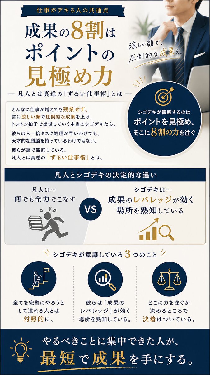 dashutsu_chan's tweet photo. 凡人は「全部ちゃんとやる」が正義だと思って消耗する。
シゴデキは、誰が何を評価するかを見抜き、成果に直結する部分だけに8割を投下する。
仕事で差がつくのは努力量ではなく、「やらない仕事」を決める判断力です。 https://t.co/hb17GiYWaK