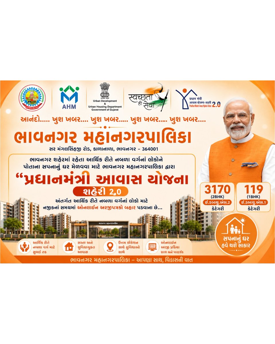 BhavnagarMuni's tweet photo. 🎉 ખુશખબર... ખુશખબર... ખુશખબર...! 🏠
પ્રધાનમંત્રી આવાસ યોજના (શહેરી) ૨.૦ અંતર્ગત ���ાવનગર મહાનગરપાલિકા દ્વારા ભાવનગર શહેરમાં કુલ ૩,૨૮૯ નવા આવાસોનું આયોજન કરવામાં આવ્યું છે.
📌 ઈ.ડબલ્યુ.એસ.-૧ : ૧૧૯ આવાસ
📌 ઈ.ડબલ્યુ.એસ.-૨ : ૩,૧૭૦ આવાસ https://t.co/djj6h5mkJN