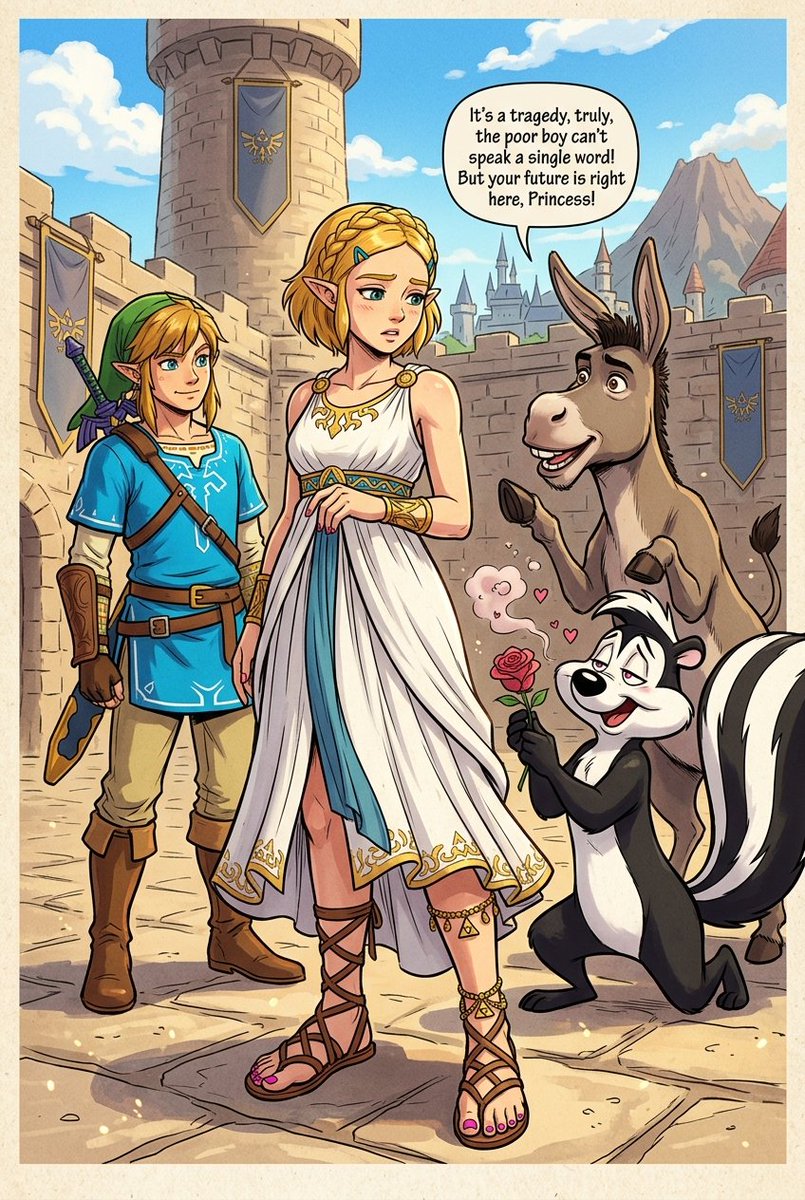 megazero26's tweet photo. Princess Zelda is standing front and center with Link, Pepé Le Pew who is in love with Princess Zelda. And Donkey from Shrek who is in love with Princess Zelda also and thinks that Link can't speak at all #PrincessZelda #Link #Donkey #PepéLePew #LegendsOfZelda https://t.co/coU2JNMNyf